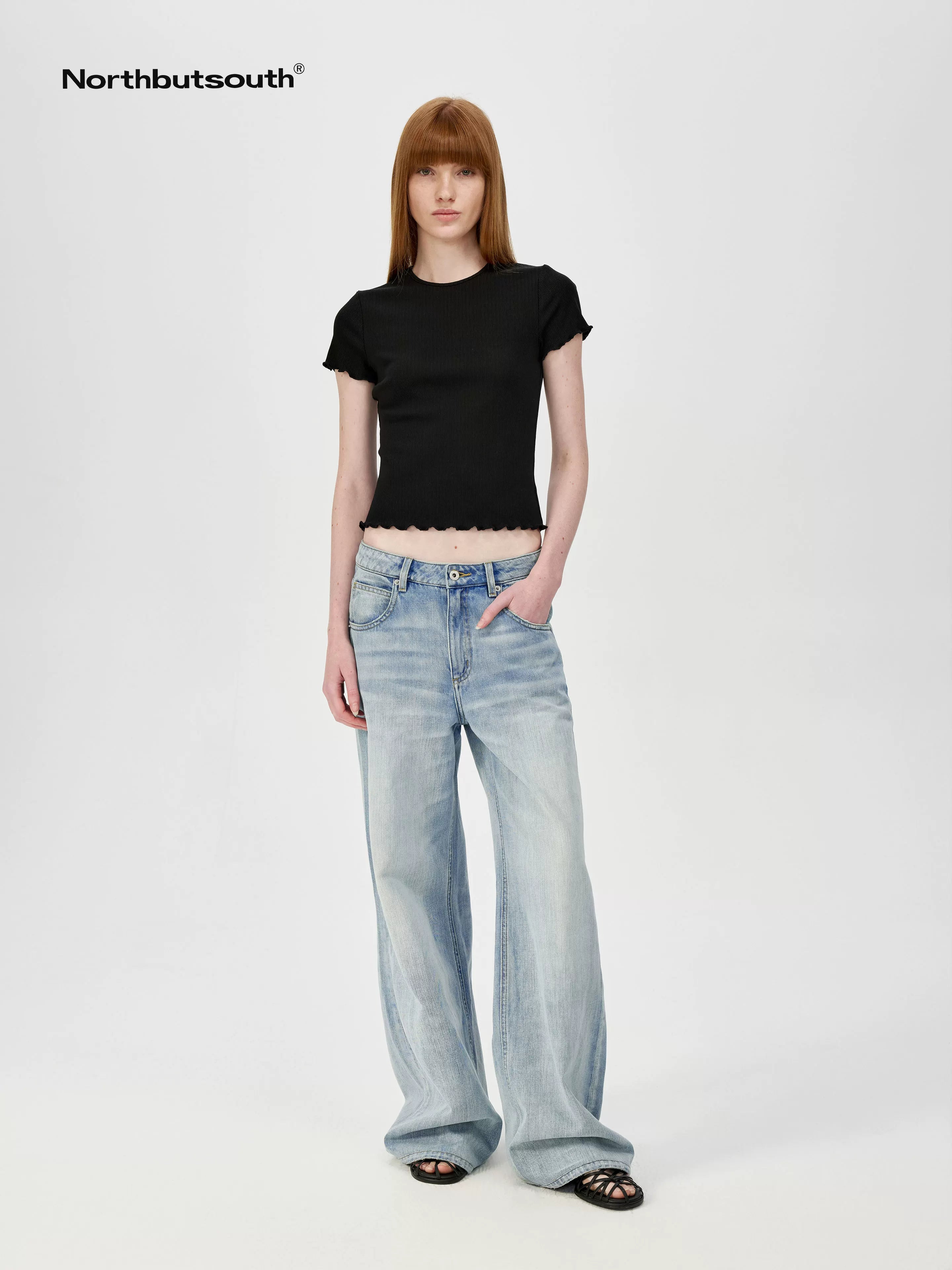 Colorful Ribbed Cotton Knit T-shirt With Ruffle Trim