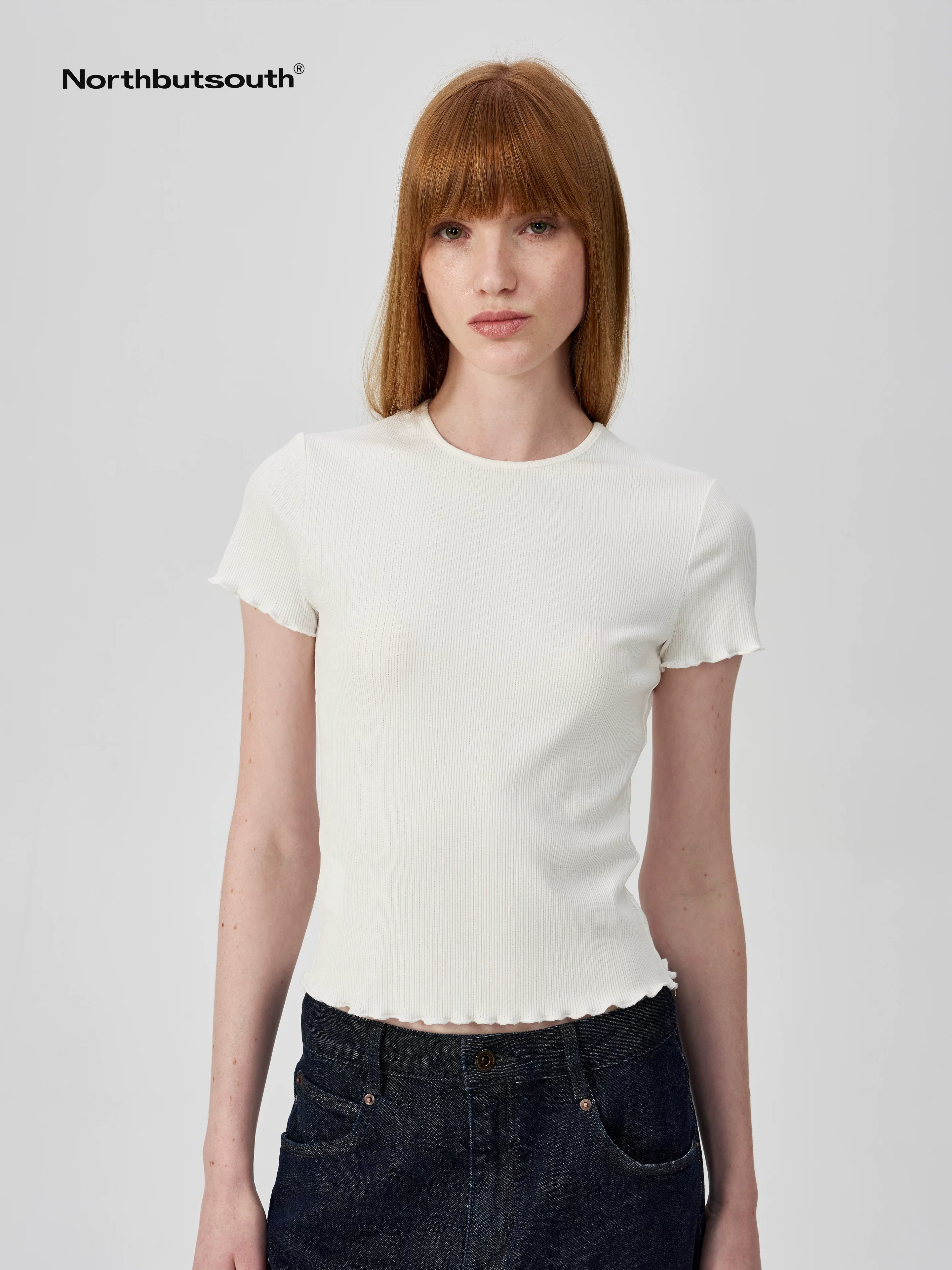Colorful Ribbed Cotton Knit T-shirt With Ruffle Trim