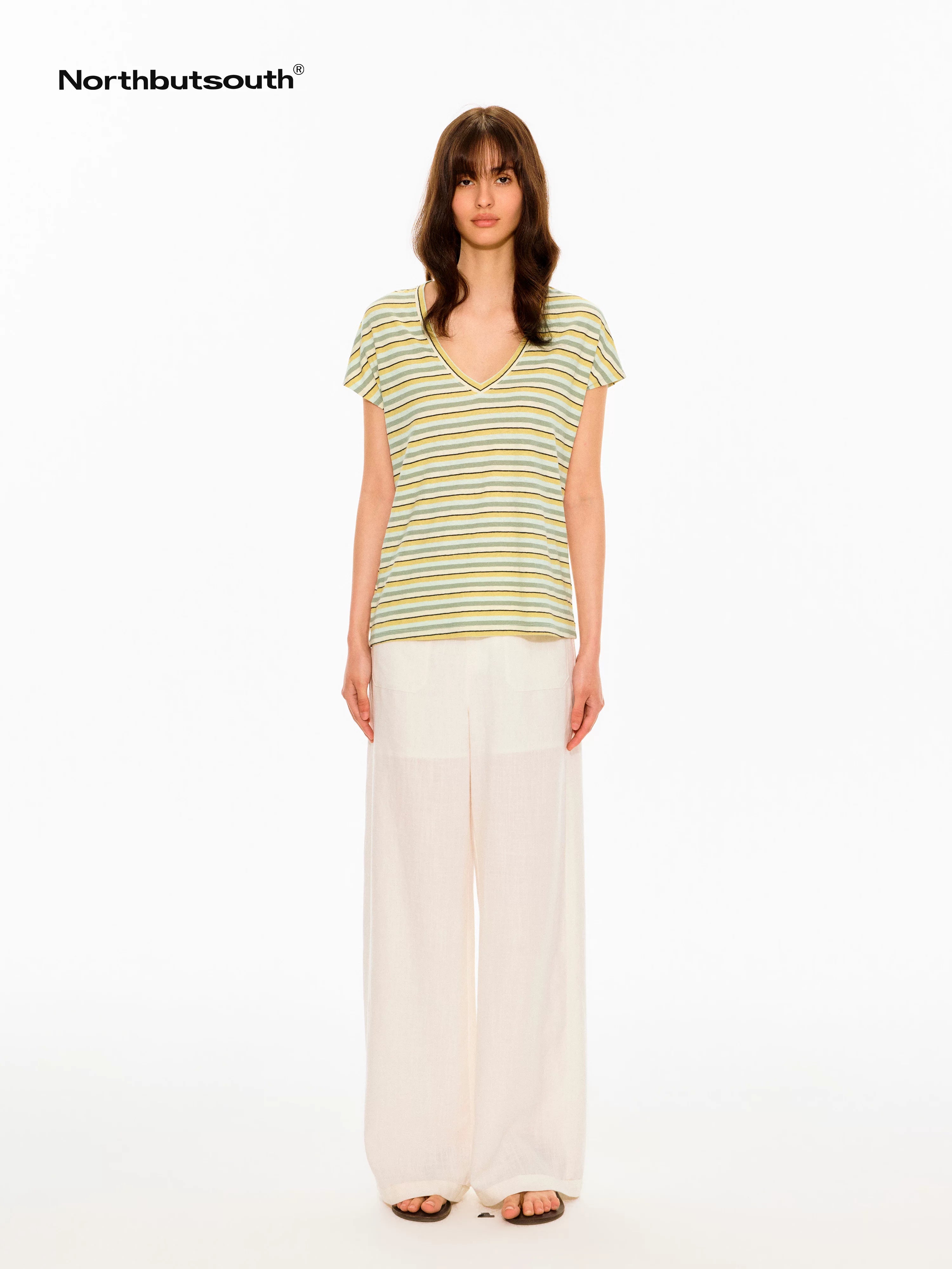 Colorful Striped V-neck Frayed Edge Women&