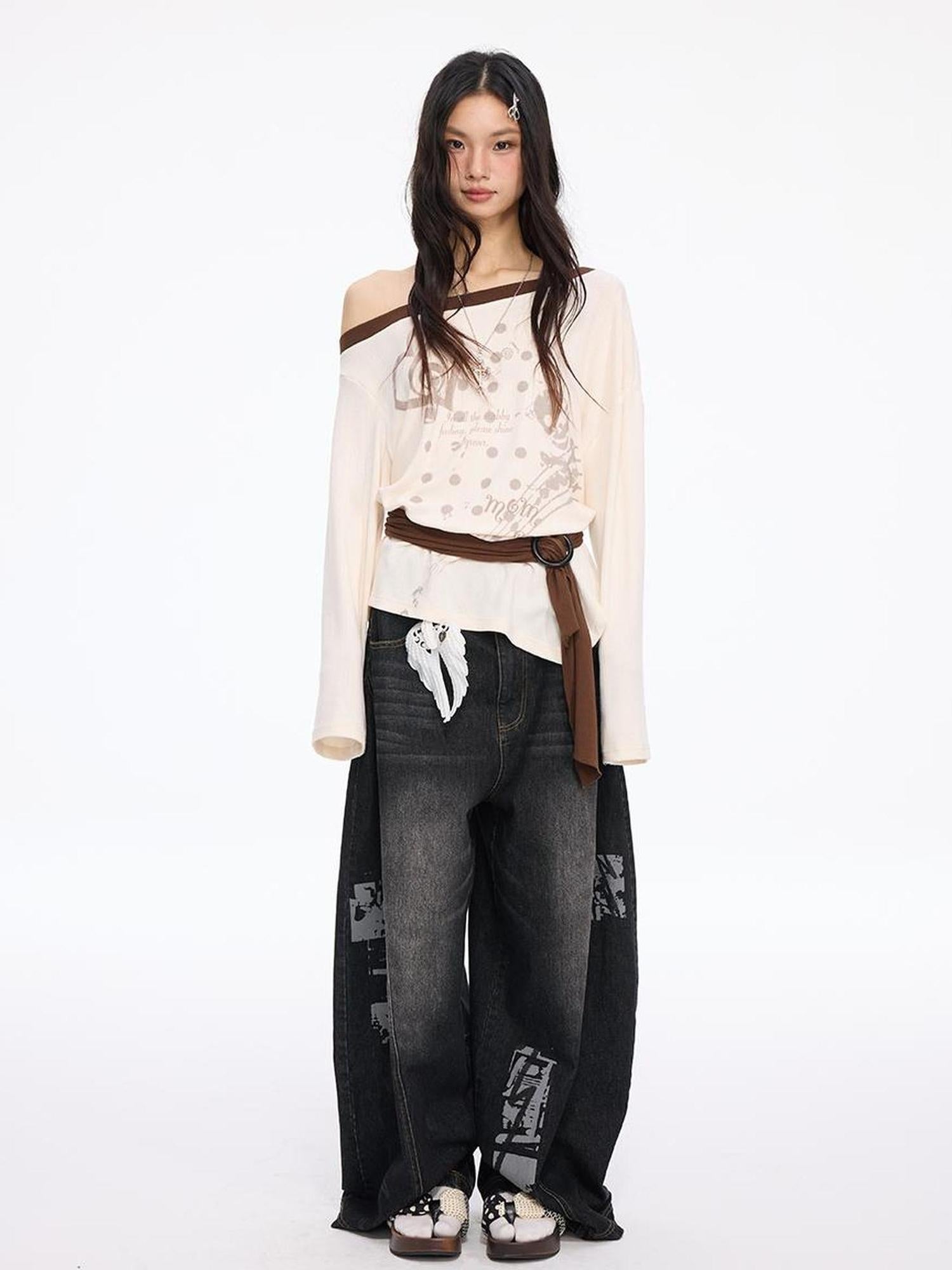 MOMSYCAN FOX LINE Contrast Shoulder Print Tie Front Blouse Vs Wide Neck Relaxed Fall Tee