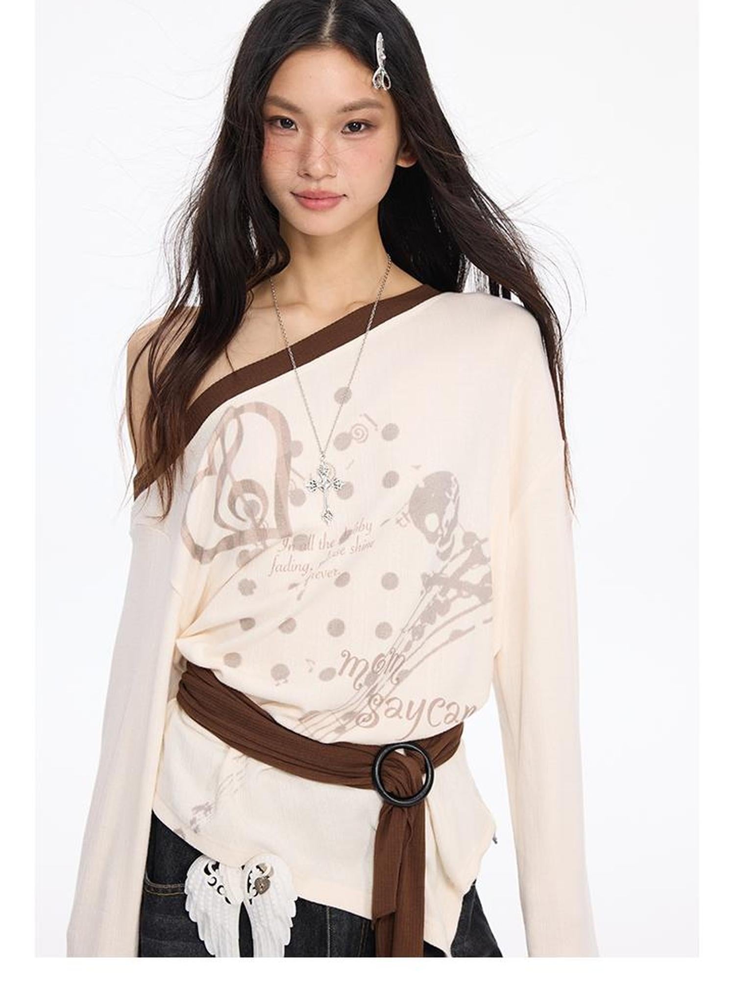 MOMSYCAN FOX LINE Contrast Shoulder Print Tie Front Blouse Vs Wide Neck Relaxed Fall Tee