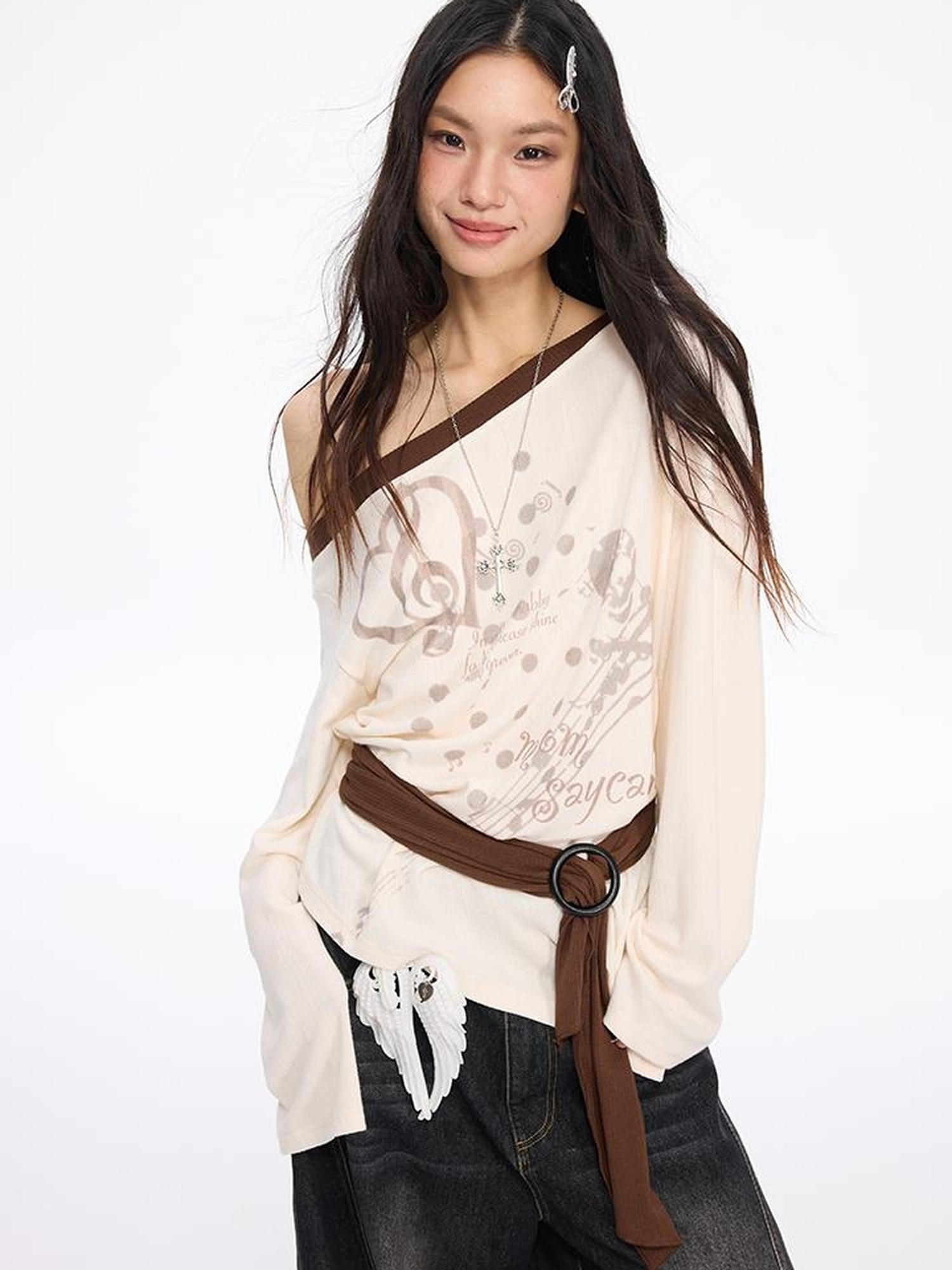 MOMSYCAN FOX LINE Contrast Shoulder Print Tie Front Blouse Vs Wide Neck Relaxed Fall Tee