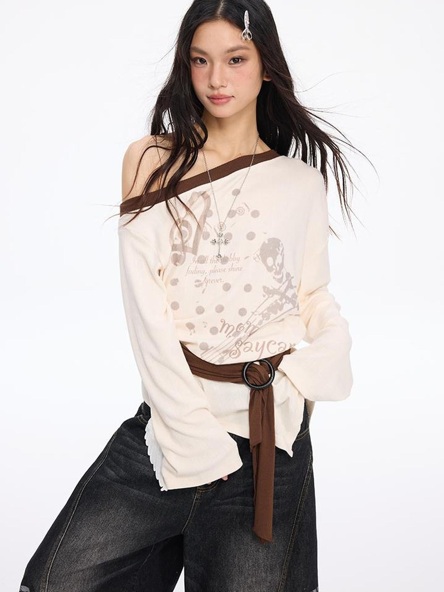 MOMSYCAN FOX LINE Contrast Shoulder Print Tie Front Blouse Vs Wide Neck Relaxed Fall Tee