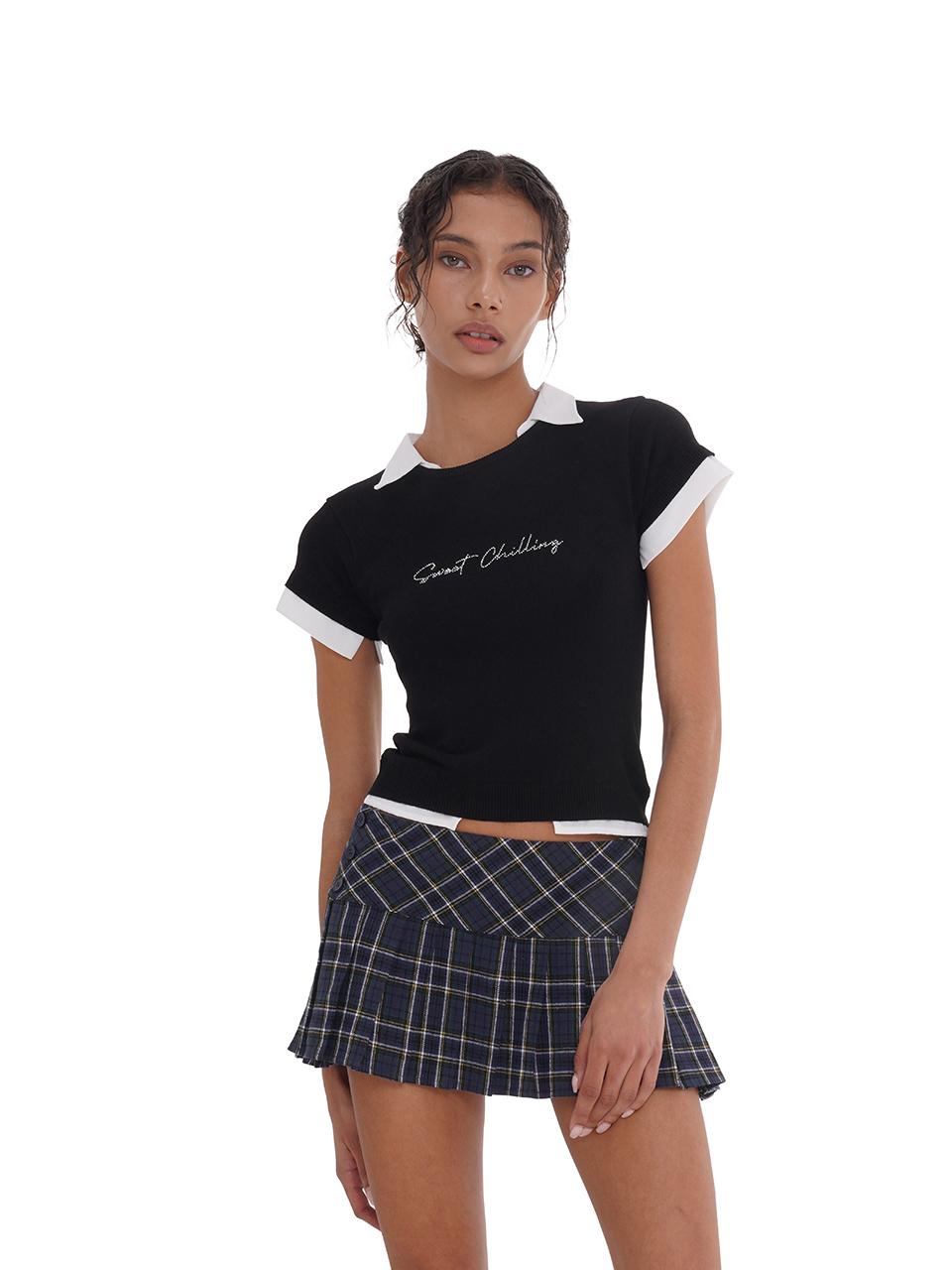 SweetChilling Cool Knit Fake Two-Layer Shirt With Ice Silk & Rhinestone T-Shirt