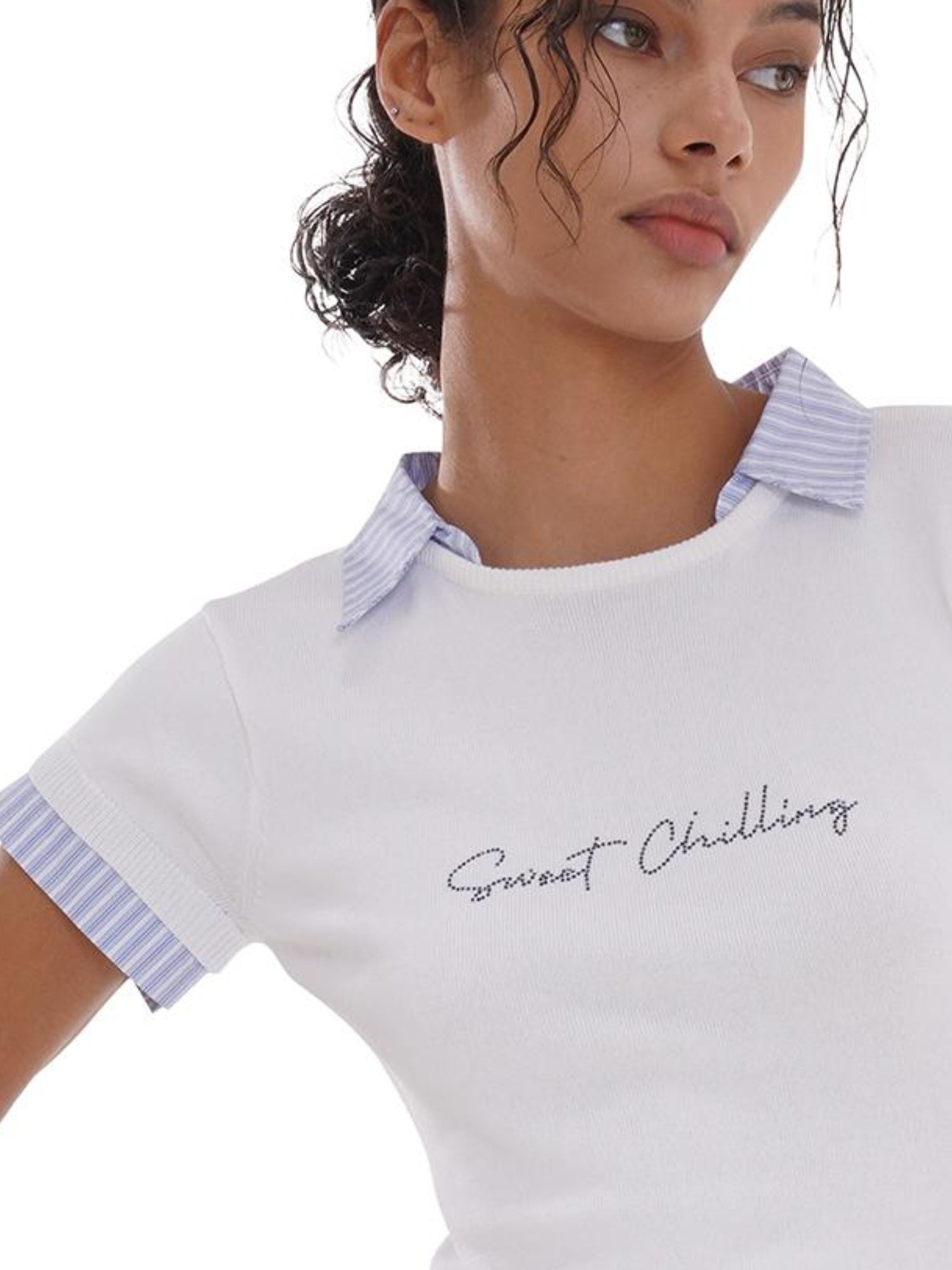 SweetChilling Cool Knit Fake Two-Layer Shirt With Ice Silk & Rhinestone T-Shirt