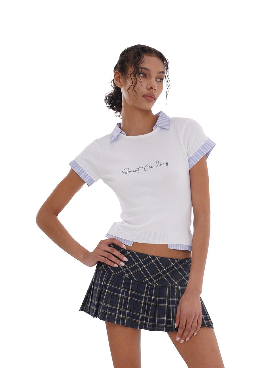 SweetChilling Cool Knit Fake Two-Layer Shirt With Ice Silk & Rhinestone T-Shirt