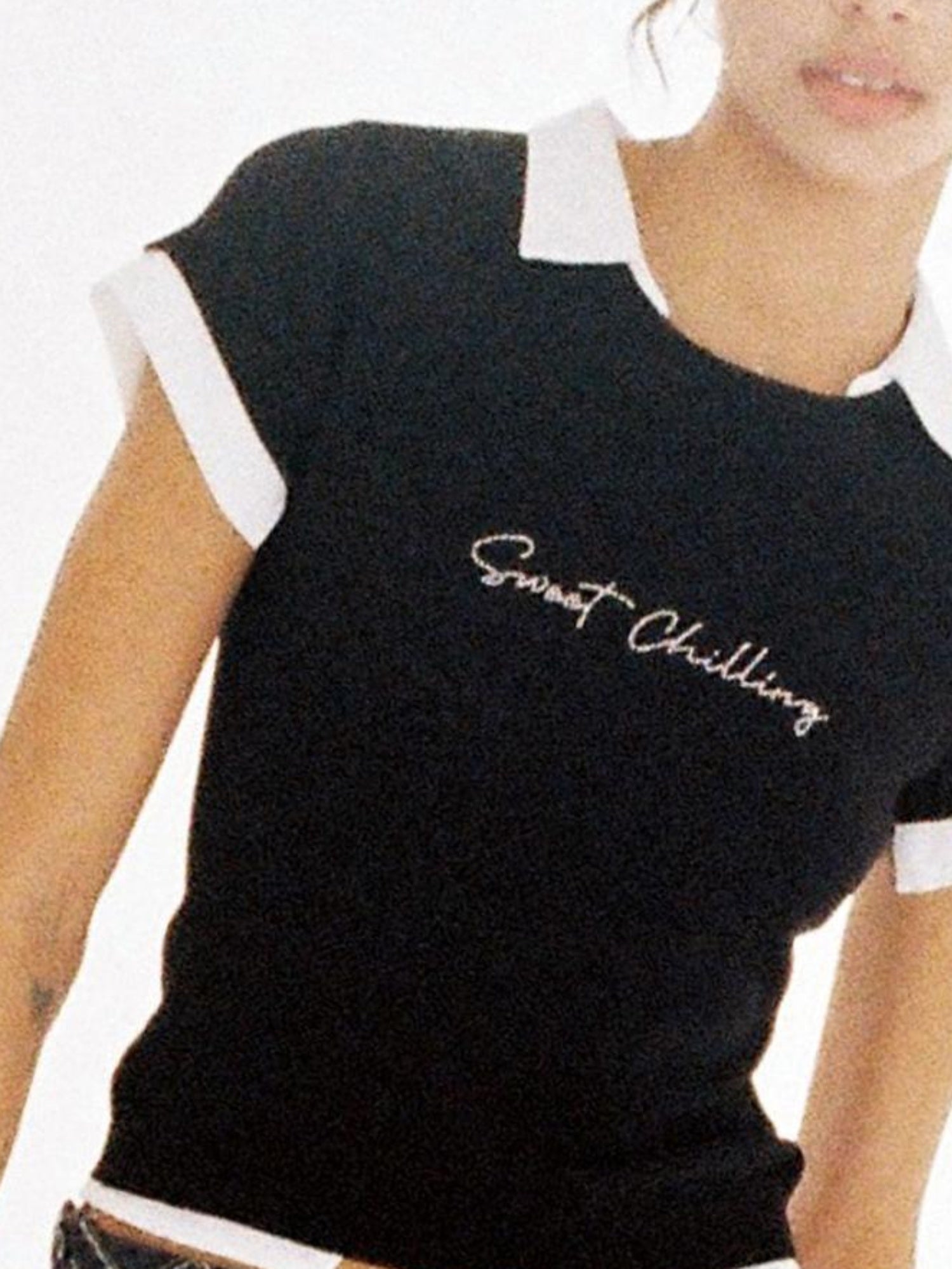 SweetChilling Cool Knit Fake Two-Layer Shirt With Ice Silk & Rhinestone T-Shirt