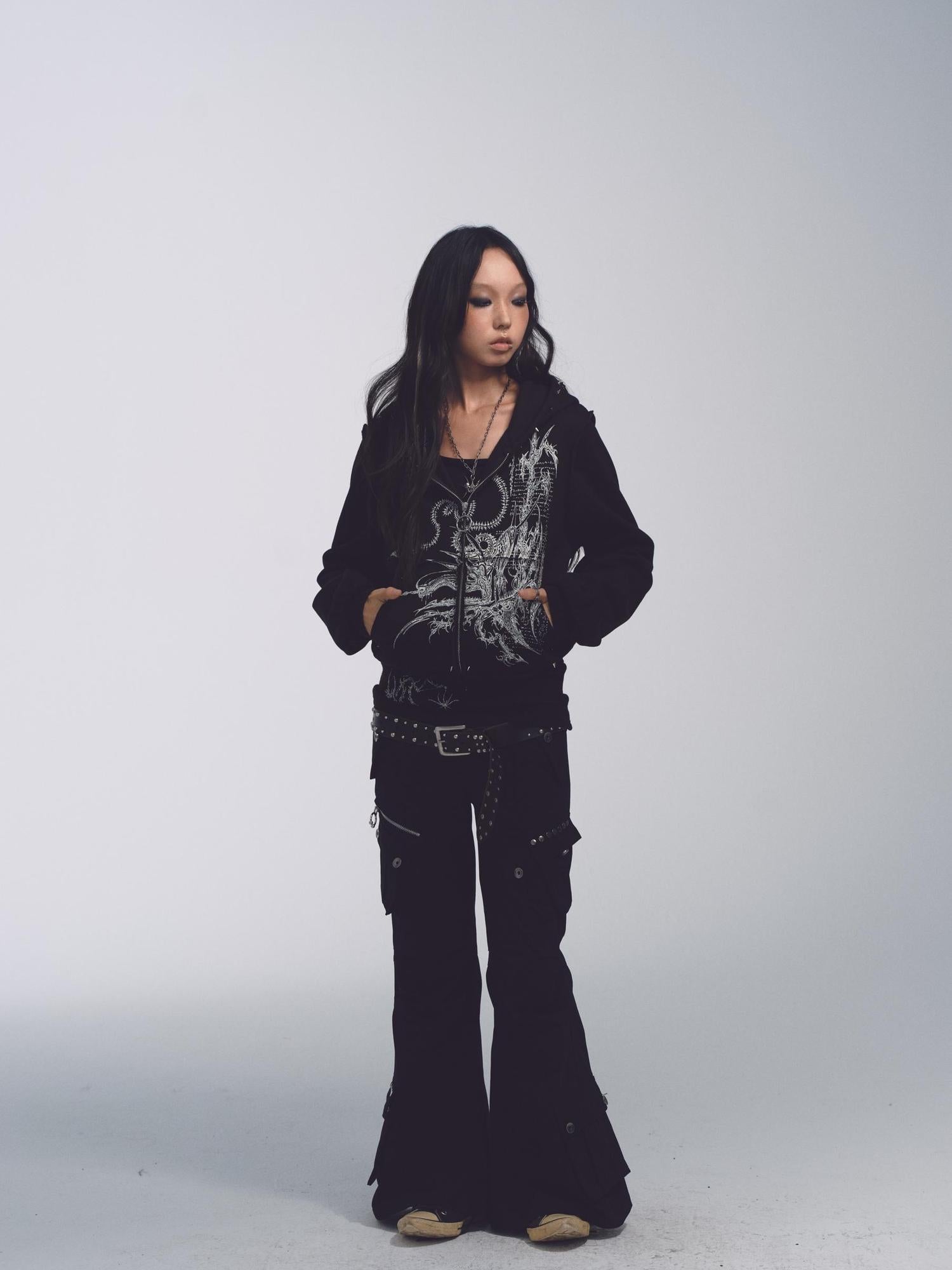 NONAME SPACE Cotton Relaxed Flared Pants With Metal Studs Multi Pockets