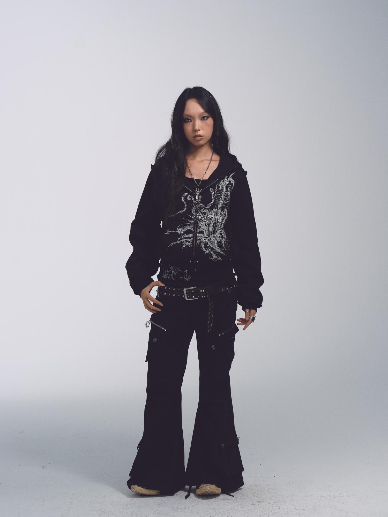 NONAME SPACE Cotton Relaxed Flared Pants With Metal Studs Multi Pockets