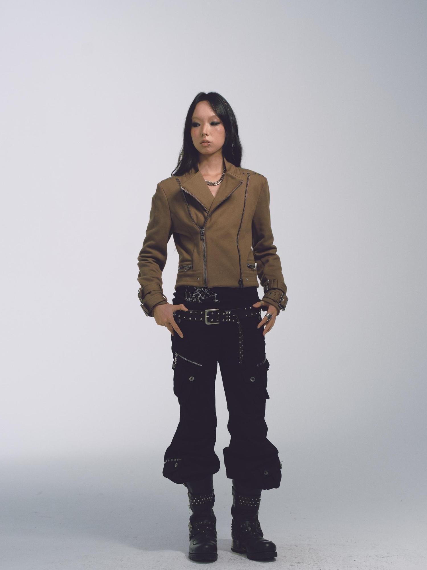 NONAME SPACE Cotton Relaxed Flared Pants With Metal Studs Multi Pockets