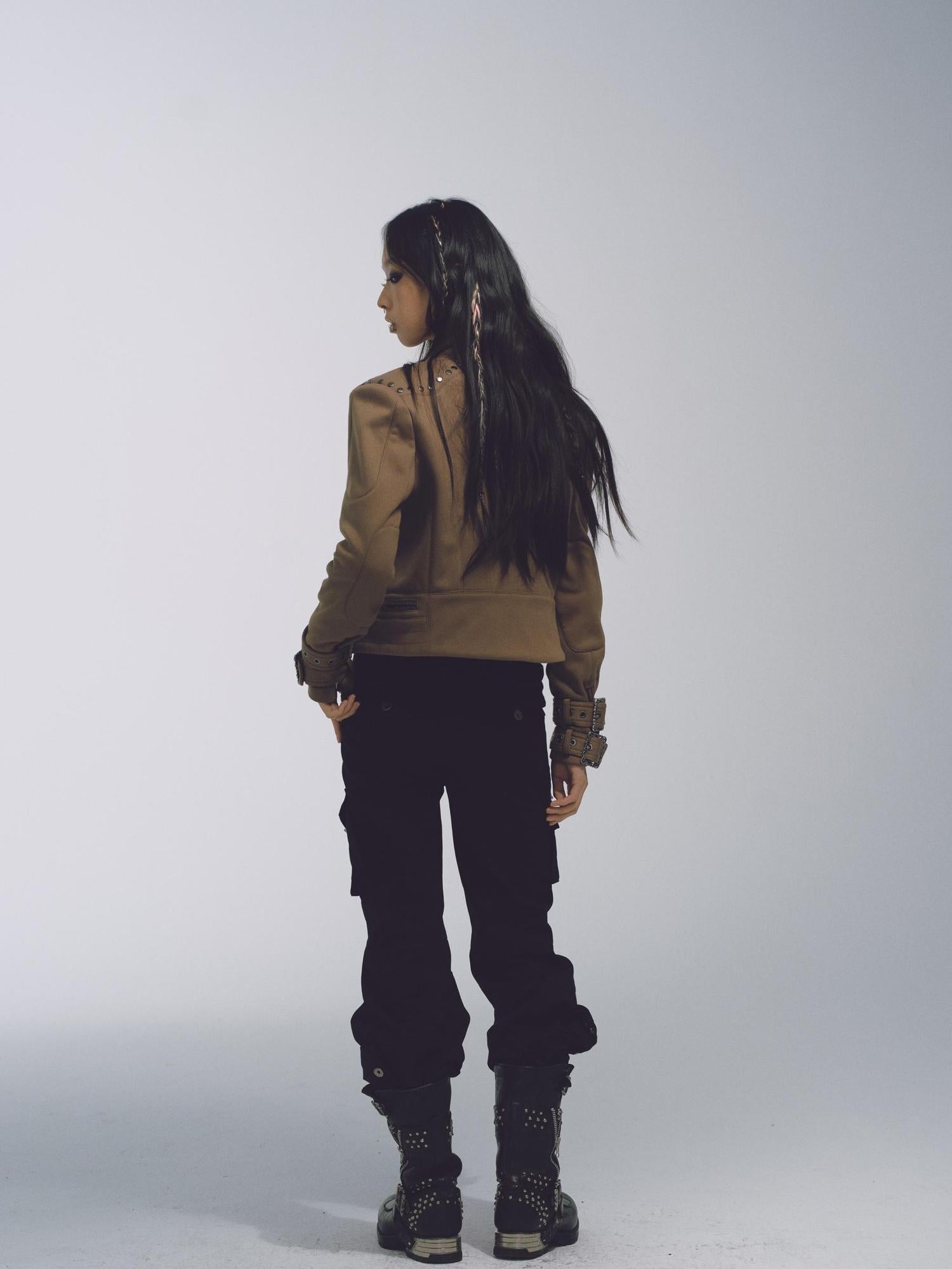 NONAME SPACE Cotton Relaxed Flared Pants With Metal Studs Multi Pockets