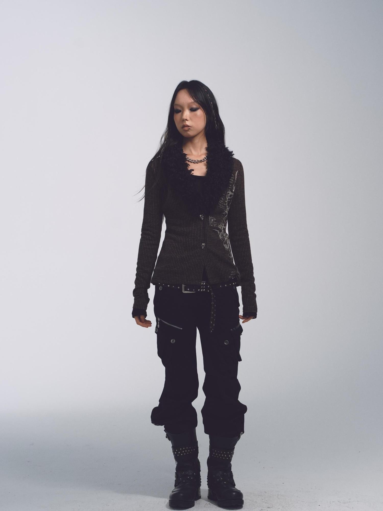 NONAME SPACE Cotton Relaxed Flared Pants With Metal Studs Multi Pockets