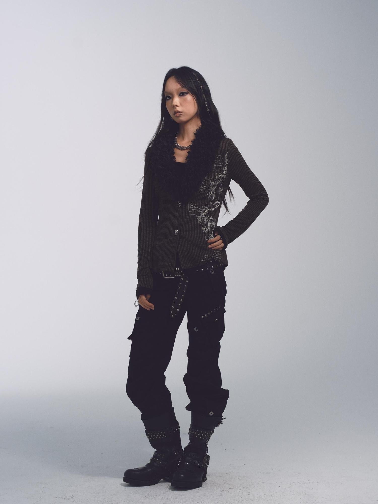 NONAME SPACE Cotton Relaxed Flared Pants With Metal Studs Multi Pockets