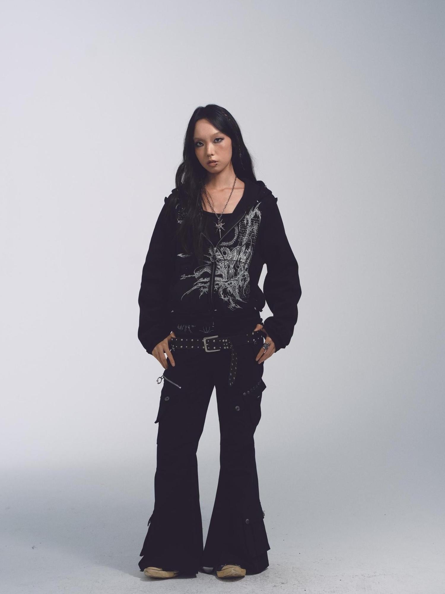 NONAME SPACE Cotton Relaxed Flared Pants With Metal Studs Multi Pockets