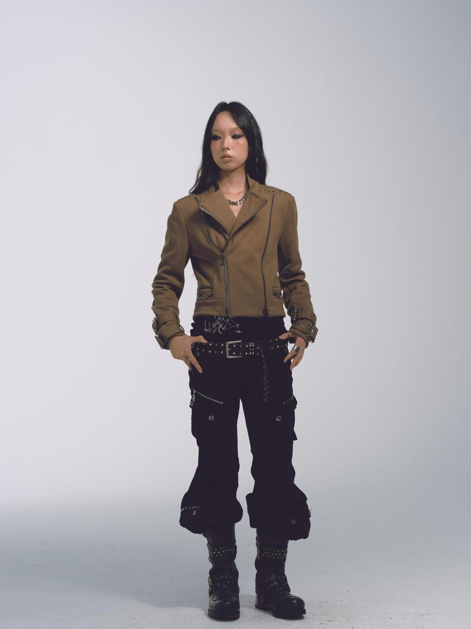 NONAME SPACE Cotton Relaxed Flared Pants With Metal Studs Multi Pockets