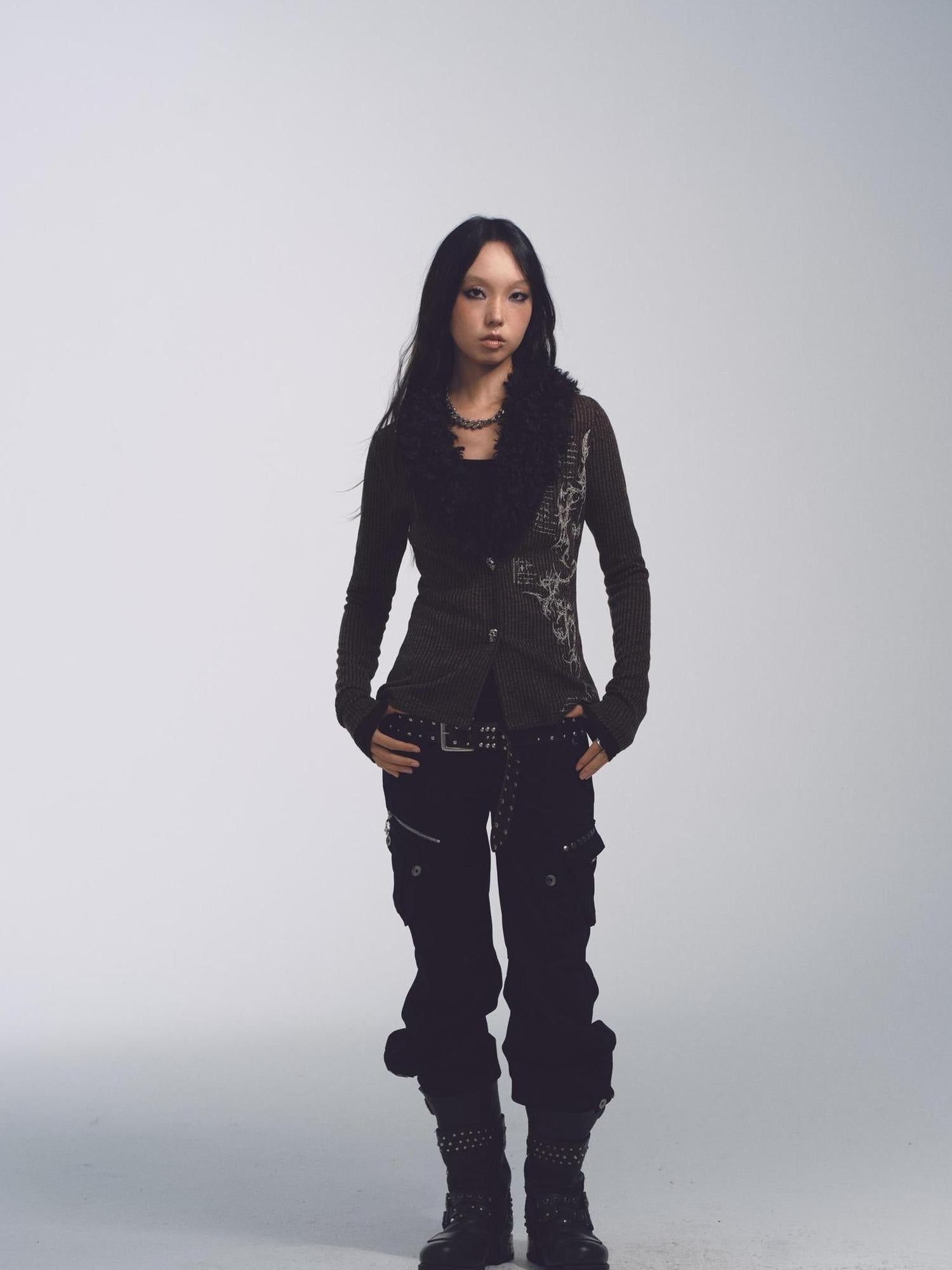 NONAME SPACE Cotton Relaxed Flared Pants With Metal Studs Multi Pockets