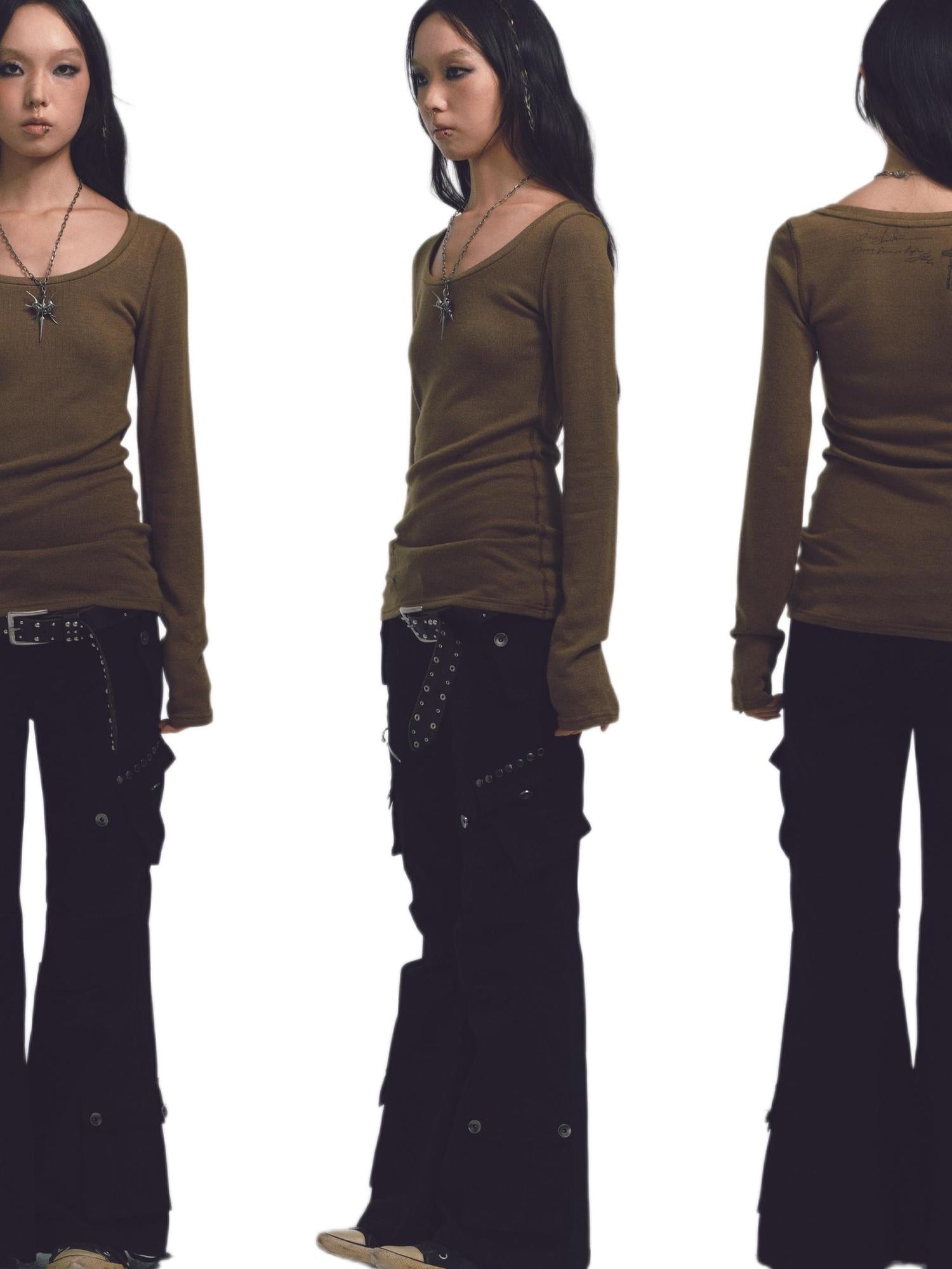 NONAME SPACE Cotton Relaxed Flared Pants With Metal Studs Multi Pockets