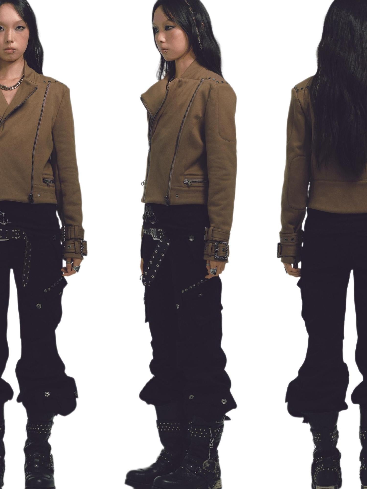 NONAME SPACE Cotton Relaxed Flared Pants With Metal Studs Multi Pockets