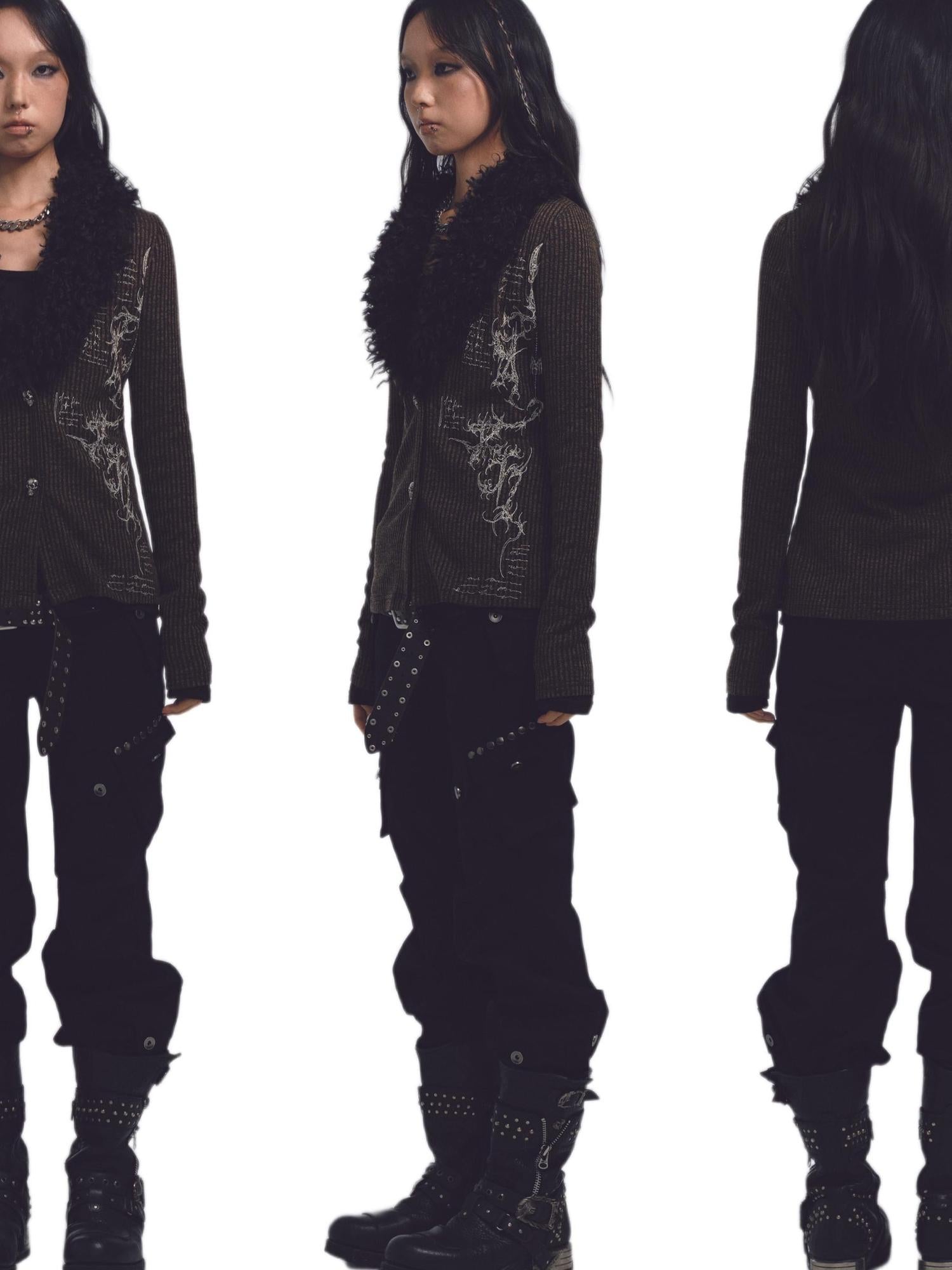 NONAME SPACE Cotton Relaxed Flared Pants With Metal Studs Multi Pockets