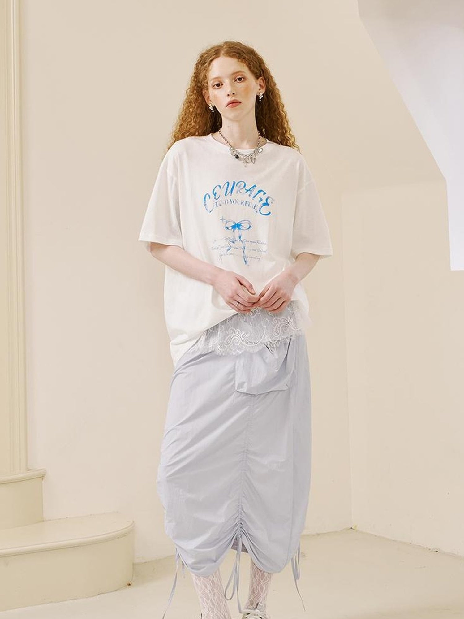 DIDDI MODA Courage Bow Print Tee Vintage Lettering Feminine Chic