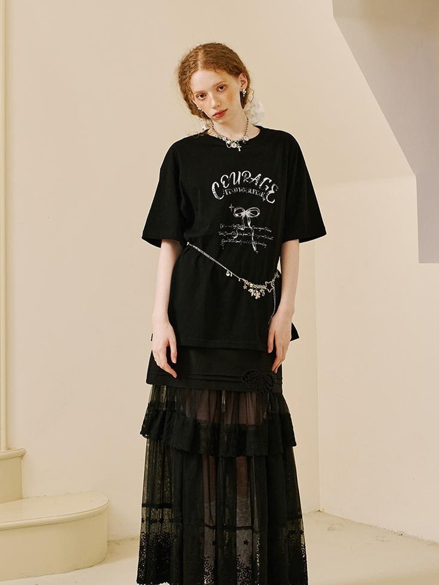 DIDDI MODA Courage Bow Print Tee Vintage Lettering Feminine Chic