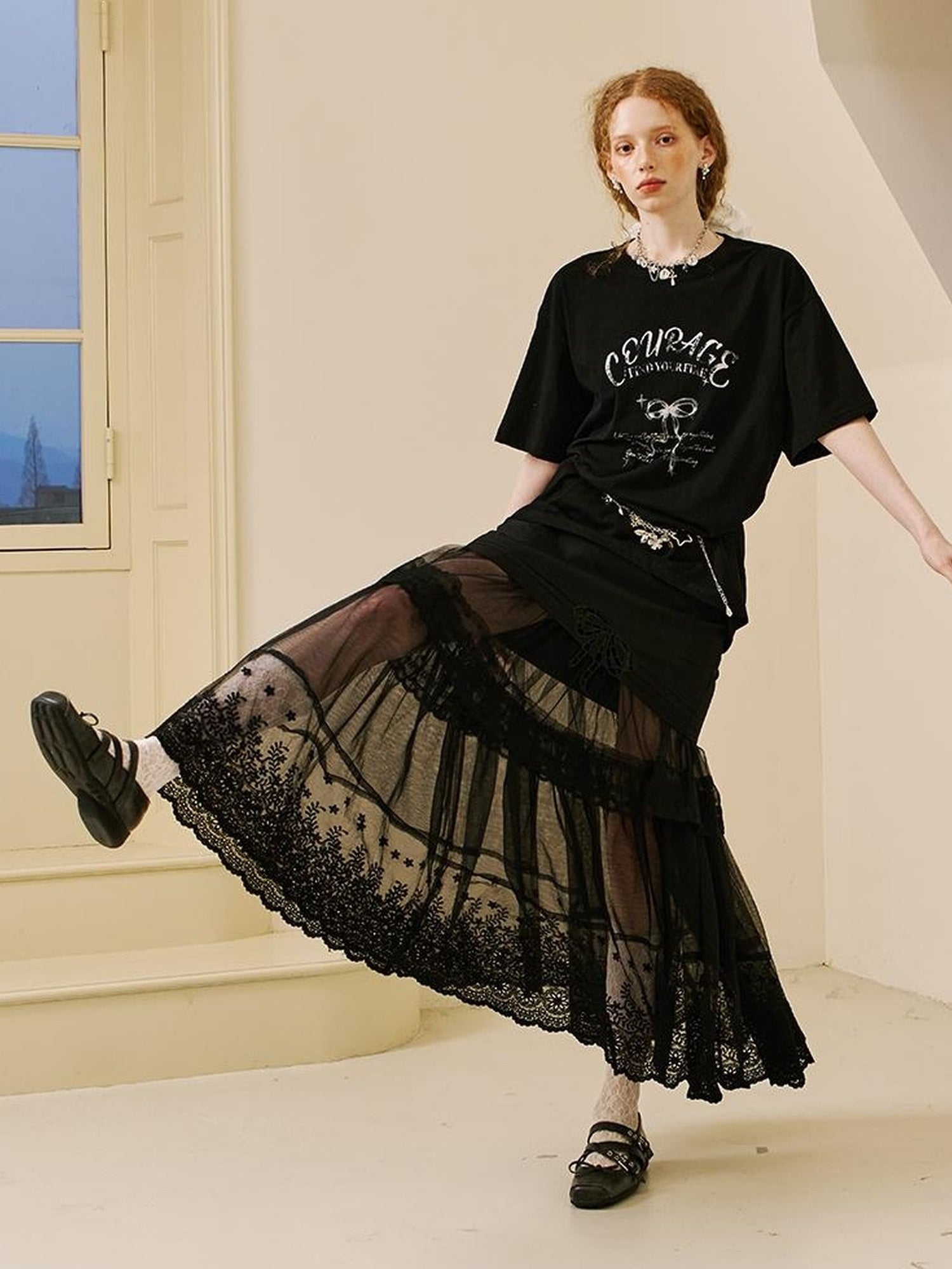 DIDDI MODA Courage Bow Print Tee Vintage Lettering Feminine Chic