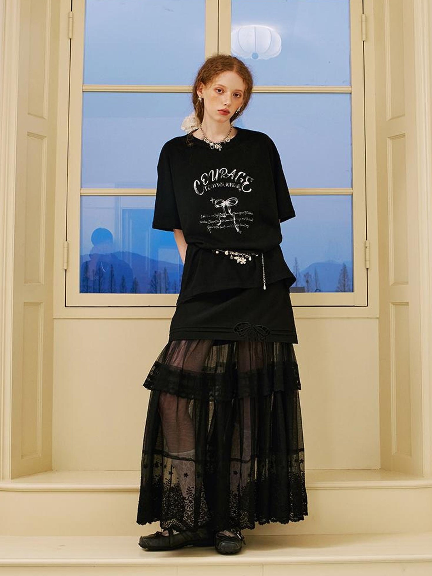 DIDDI MODA Courage Bow Print Tee Vintage Lettering Feminine Chic