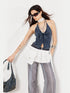 Stretch Washed Distressed Denim Cross Back Lace Up Bralette Top