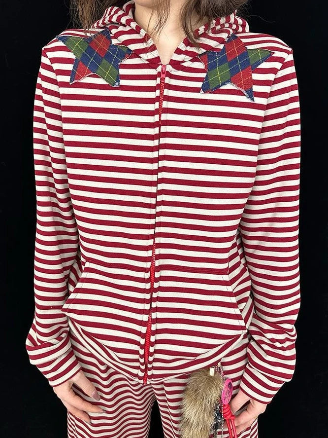 Cozy Bunny Ears Hoodie Red Grey Stripes Pajama Set