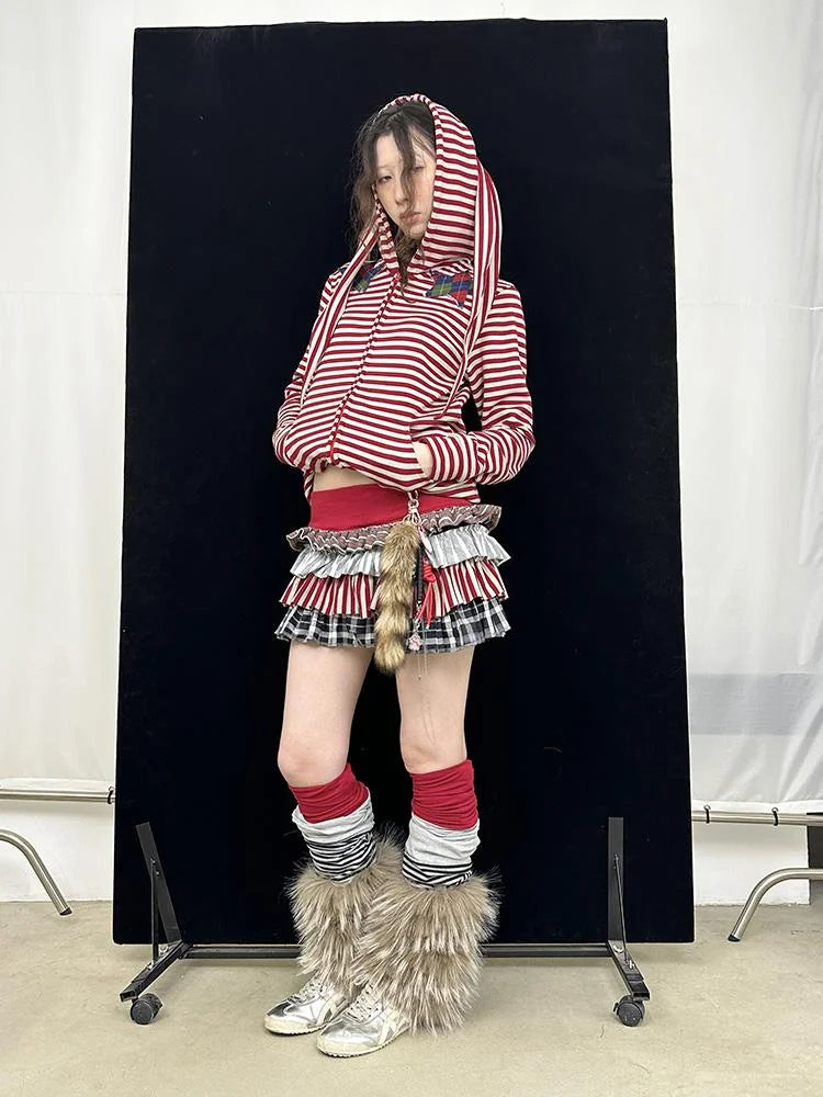 Cozy Bunny Ears Hoodie Red Grey Stripes Pajama Set