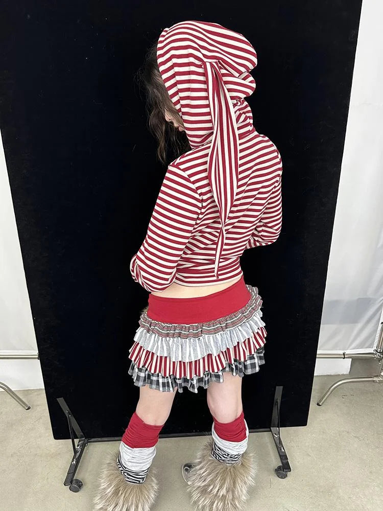 Cozy Bunny Ears Hoodie Red Grey Stripes Pajama Set