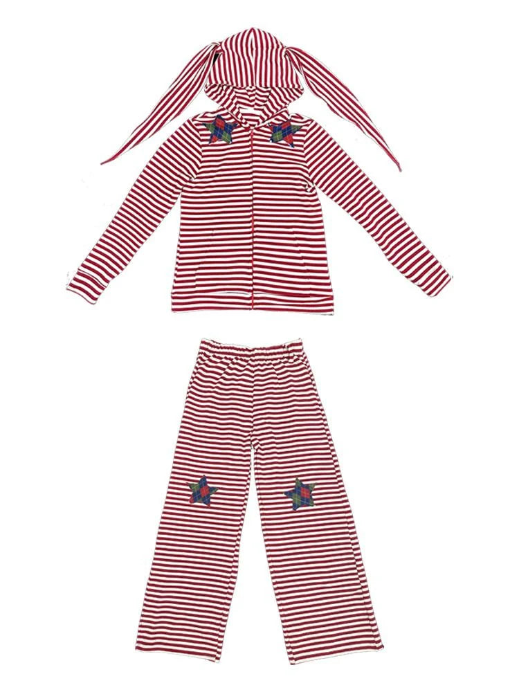 Cozy Bunny Ears Hoodie Red Grey Stripes Pajama Set