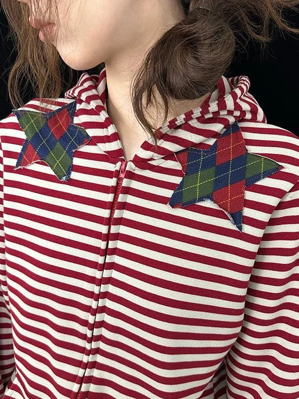 Cozy Bunny Ears Hoodie Red Grey Stripes Pajama Set
