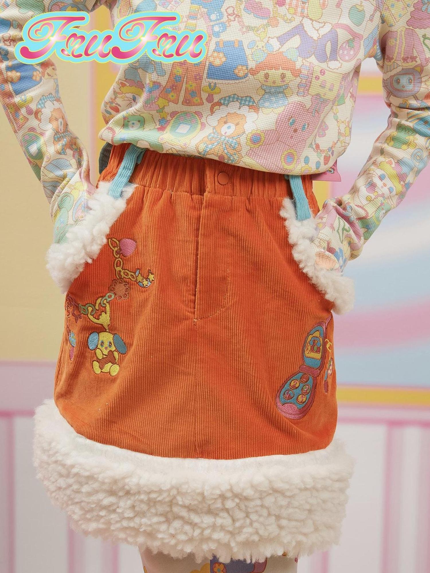 Frufru Gulu Cozy Corduroy Patchwork Midi Skirt For Women