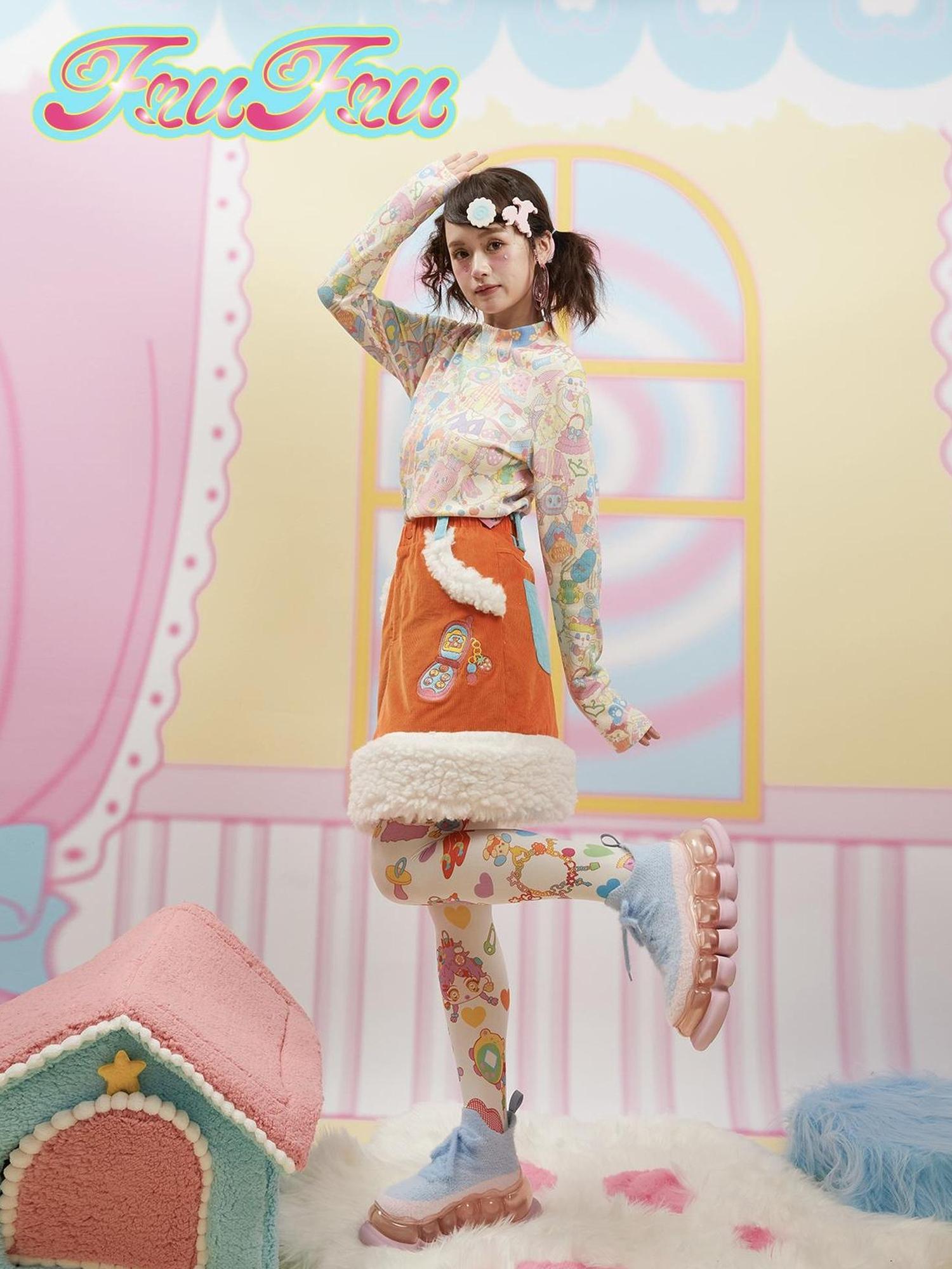 Frufru Gulu Cozy Corduroy Patchwork Midi Skirt For Women