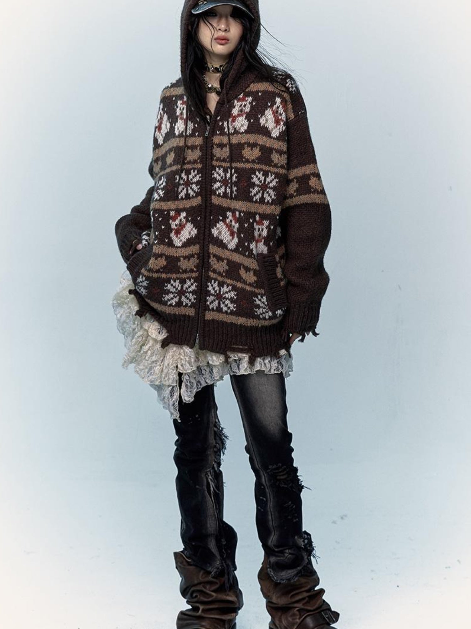 NO ROMANCE Cozy Fair Isle Mohair Wool Knit Cardigan Sweater