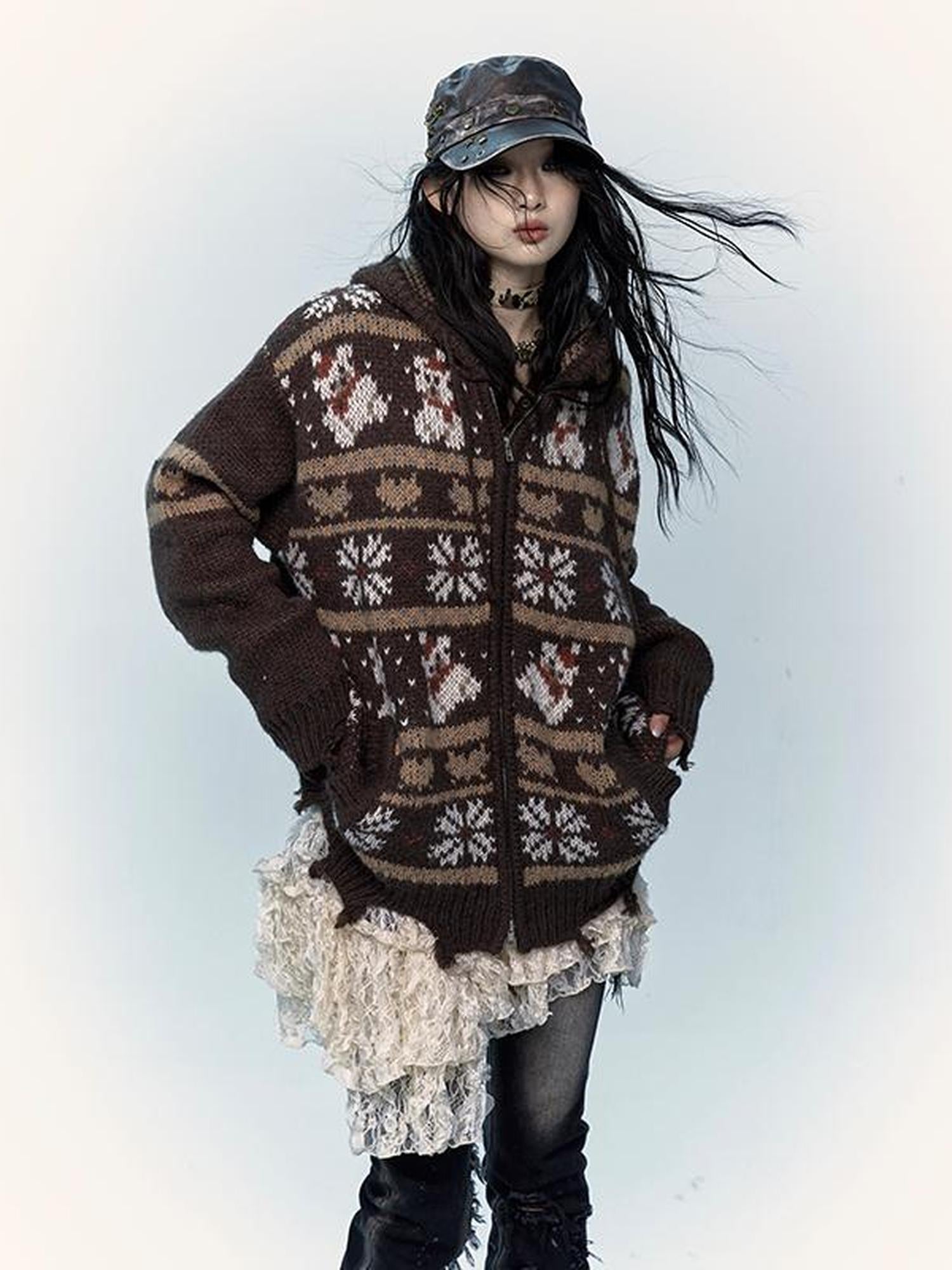 NO ROMANCE Cozy Fair Isle Mohair Wool Knit Cardigan Sweater
