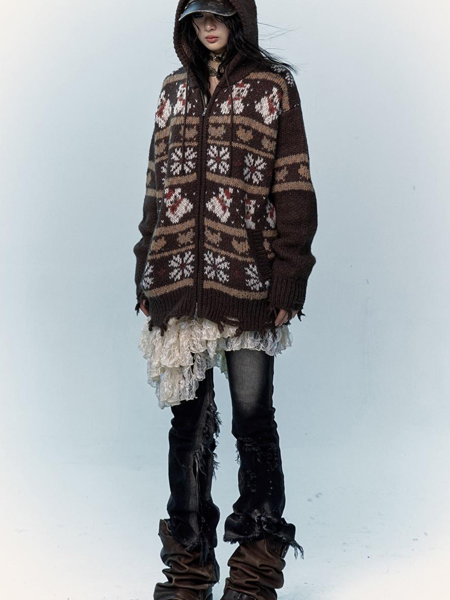NO ROMANCE Cozy Fair Isle Mohair Wool Knit Cardigan Sweater