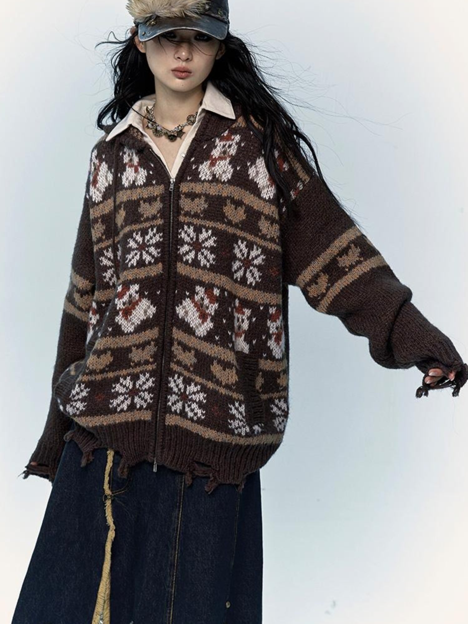 NO ROMANCE Cozy Fair Isle Mohair Wool Knit Cardigan Sweater