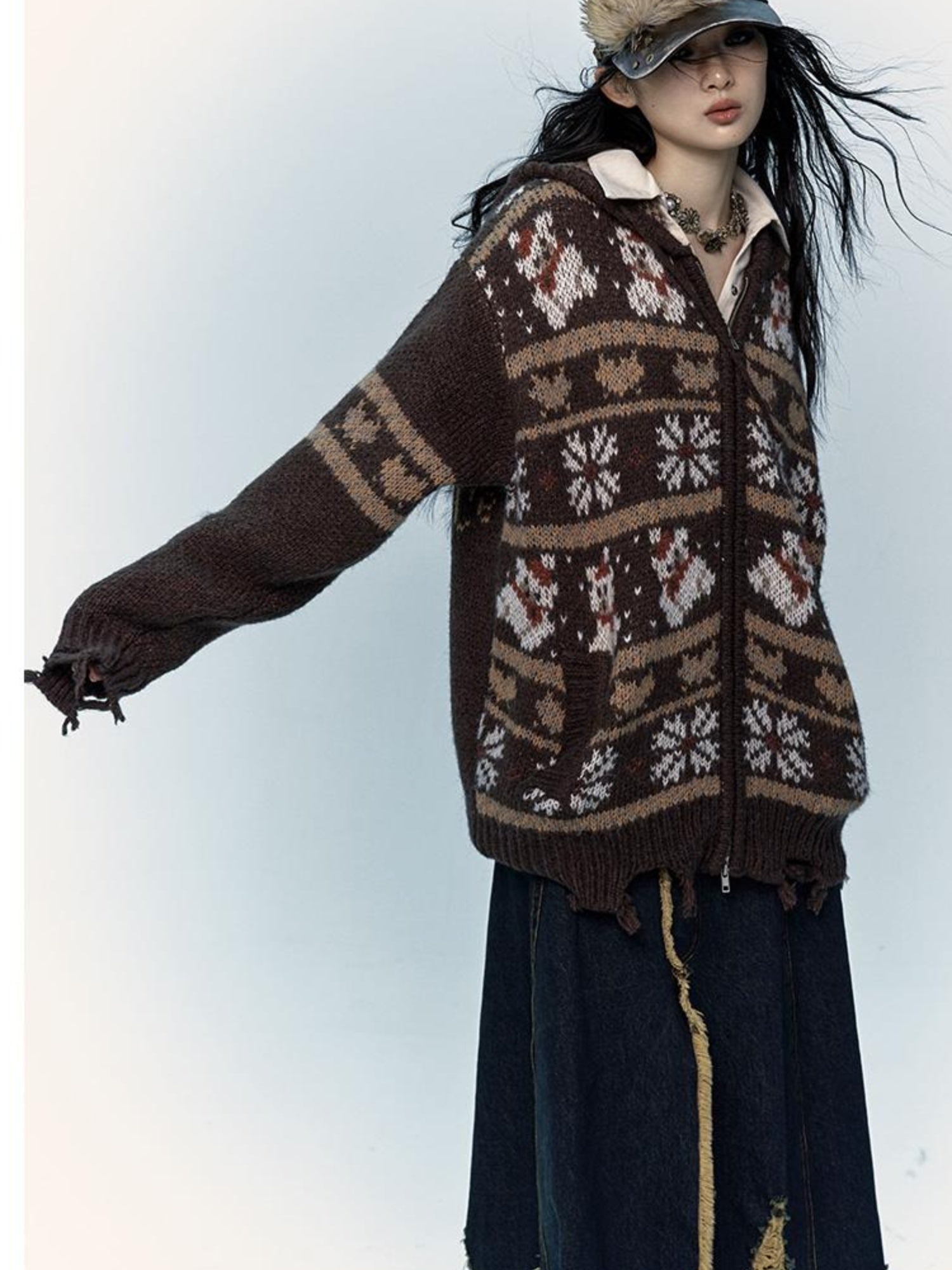 NO ROMANCE Cozy Fair Isle Mohair Wool Knit Cardigan Sweater