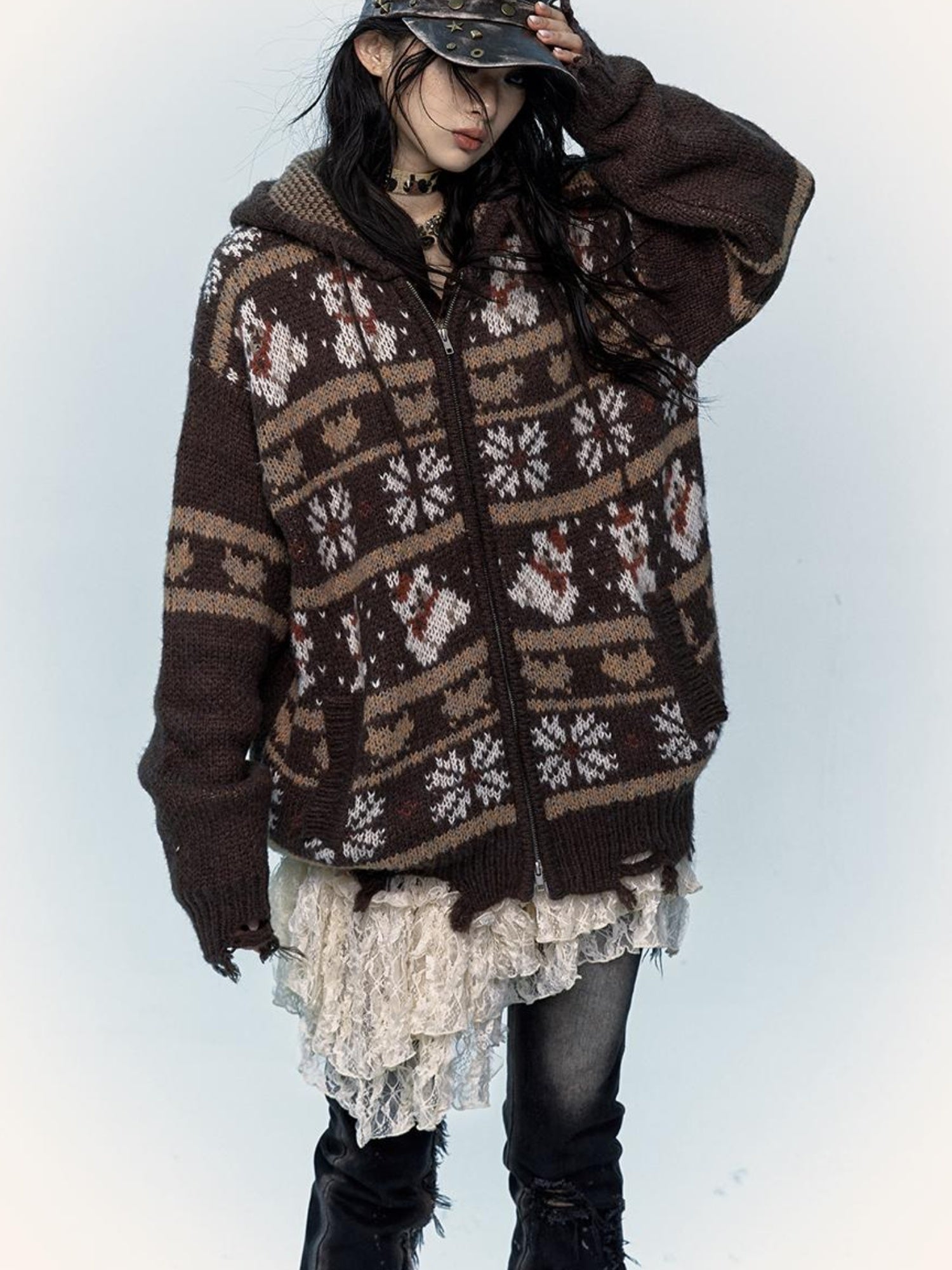 NO ROMANCE Cozy Fair Isle Mohair Wool Knit Cardigan Sweater