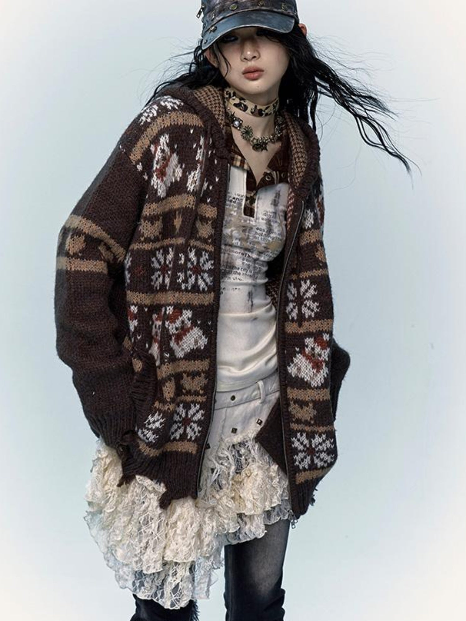 NO ROMANCE Cozy Fair Isle Mohair Wool Knit Cardigan Sweater