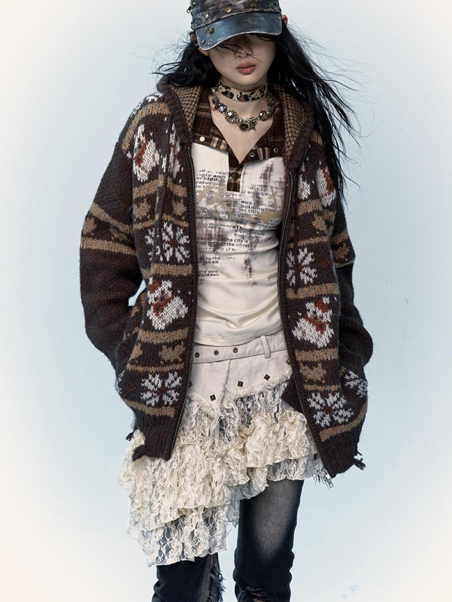 NO ROMANCE Cozy Fair Isle Mohair Wool Knit Cardigan Sweater