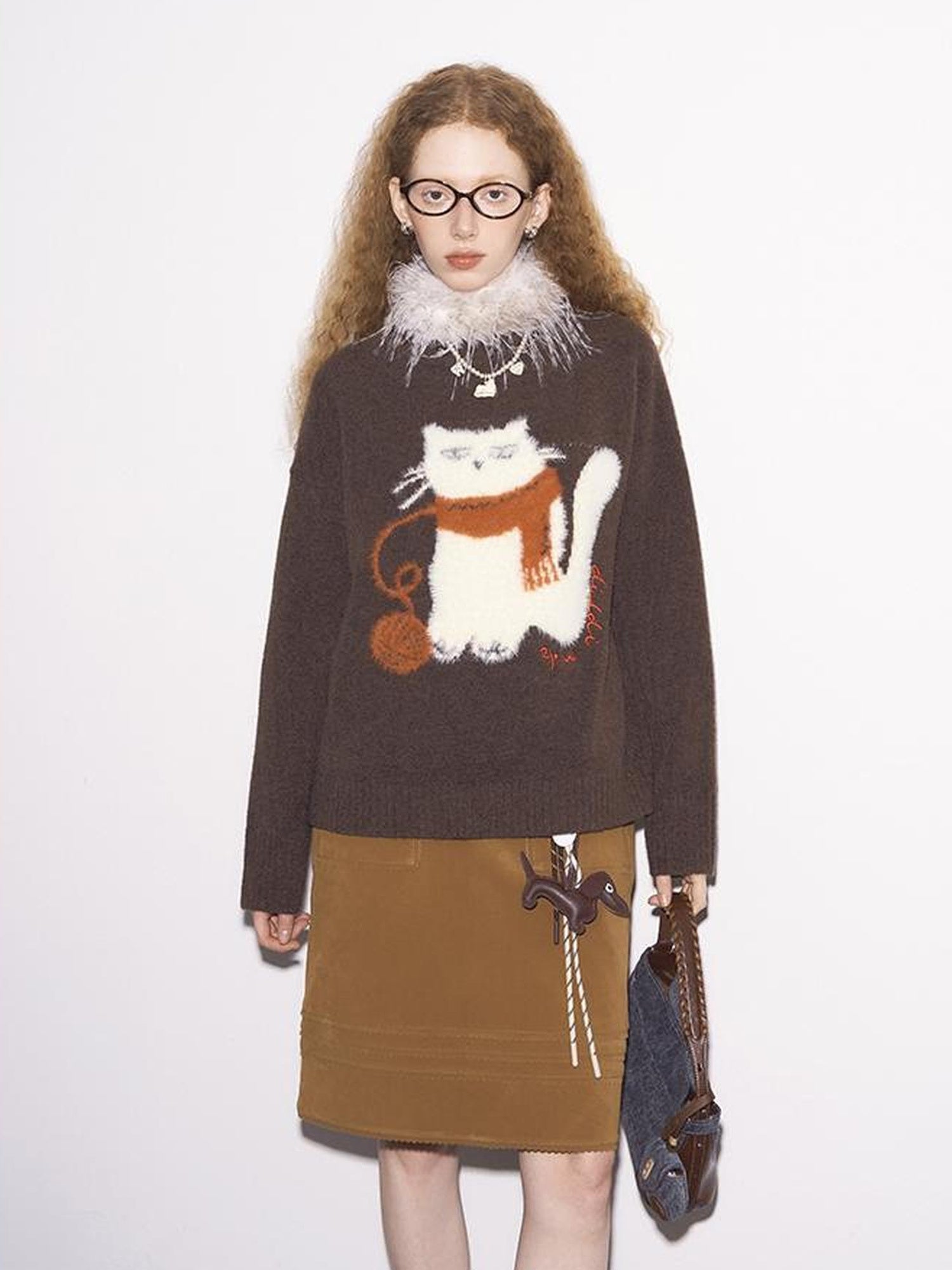 DIDDI MODA Cozy Knit Cat Yarn Cable Sweater