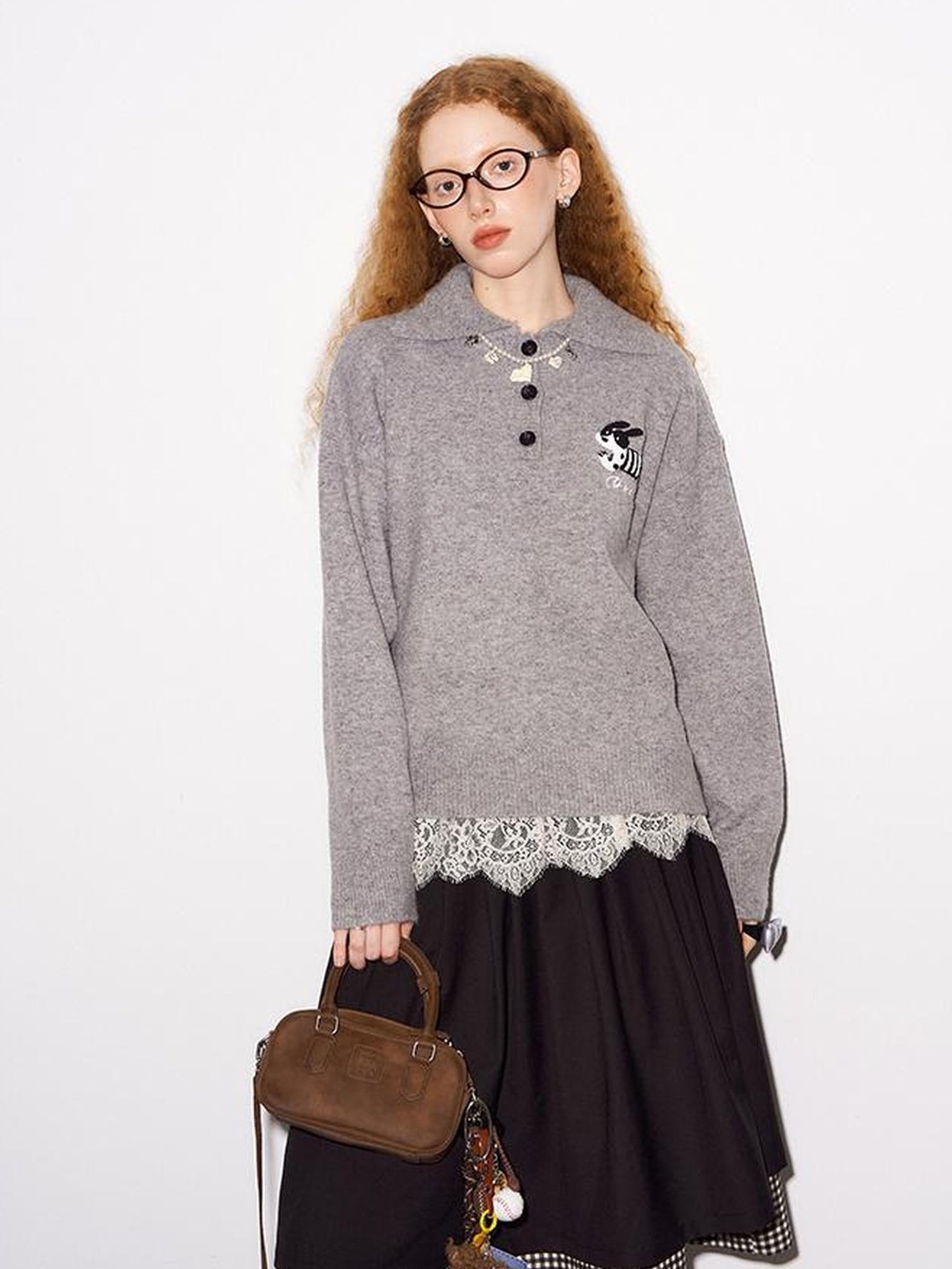 DIDDI MODA Cozy Puppy Embroidered Polo Sweater