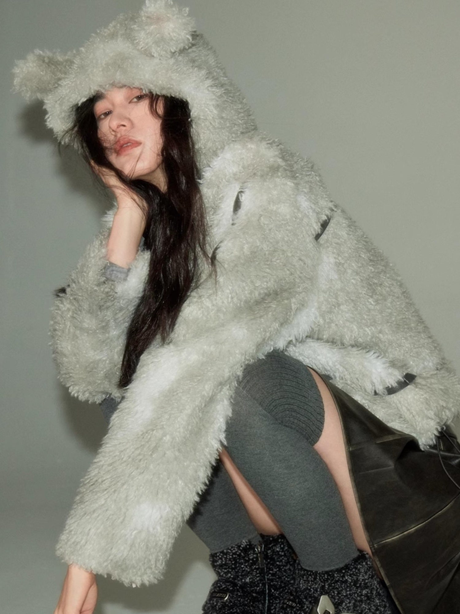 DIDDI MODA Cozy Rabbit Ear Faux Shearling Jacket