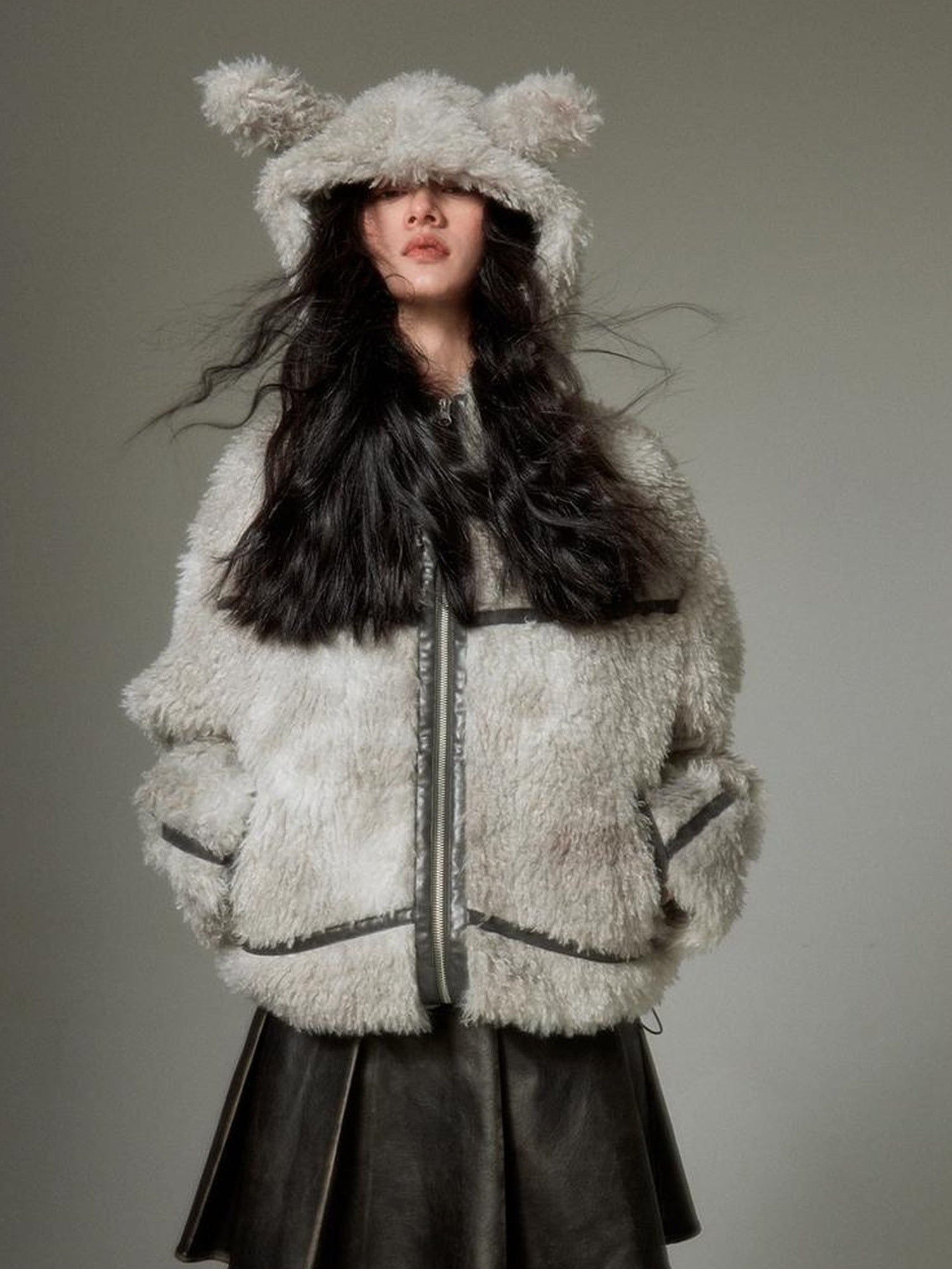 DIDDI MODA Cozy Rabbit Ear Faux Shearling Jacket