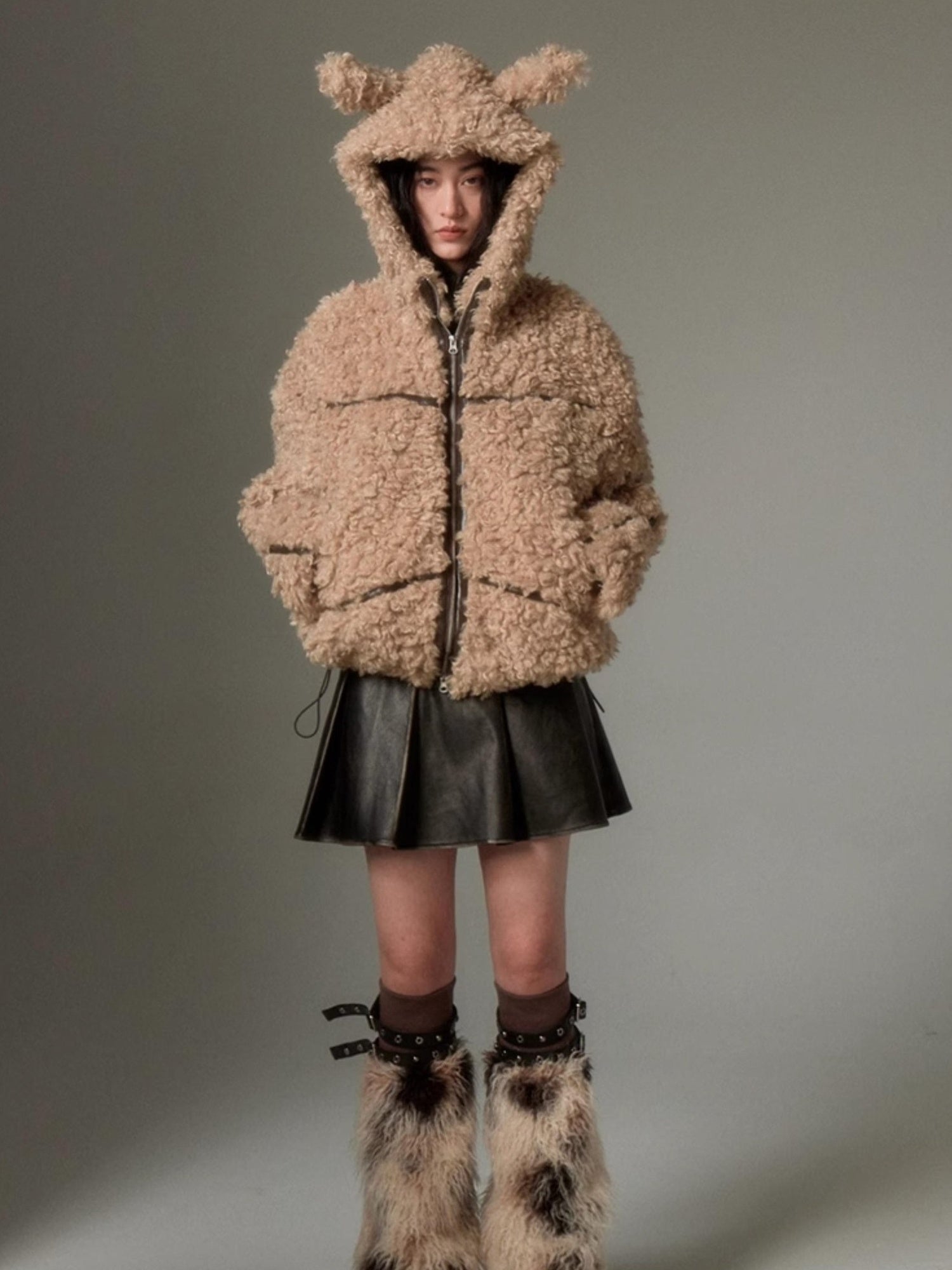 DIDDI MODA Cozy Rabbit Ear Faux Shearling Jacket