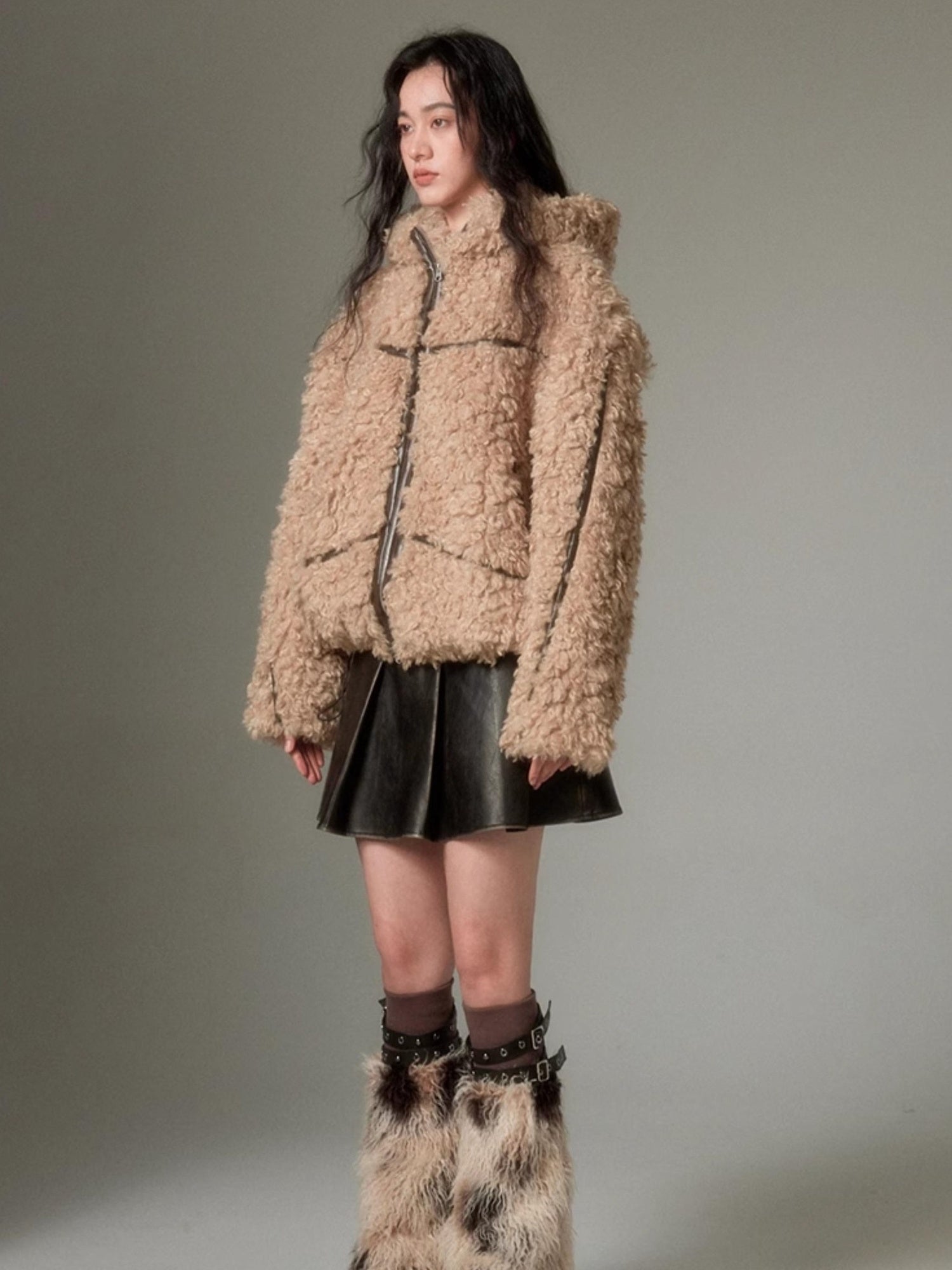 DIDDI MODA Cozy Rabbit Ear Faux Shearling Jacket