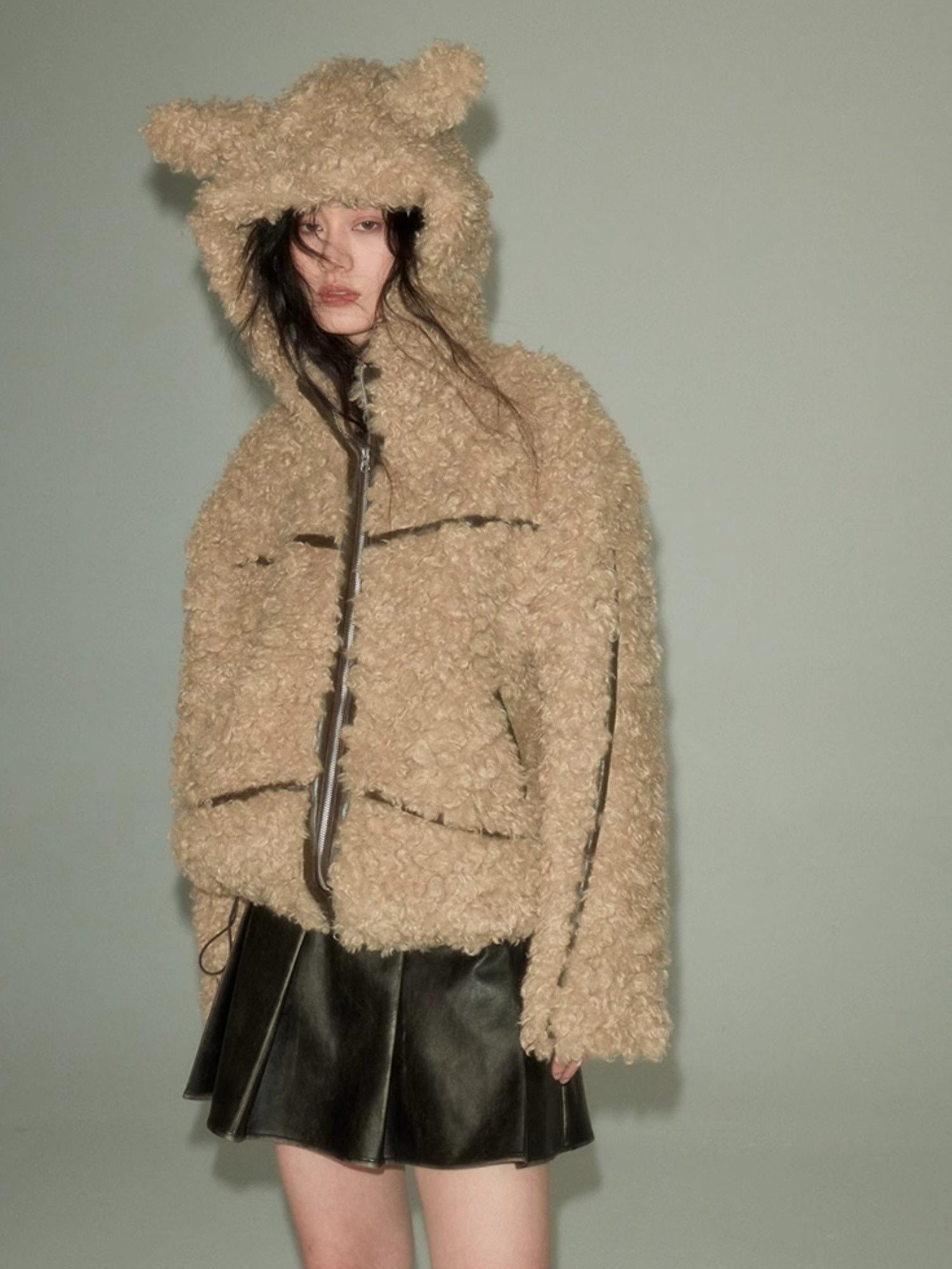 DIDDI MODA Cozy Rabbit Ear Faux Shearling Jacket